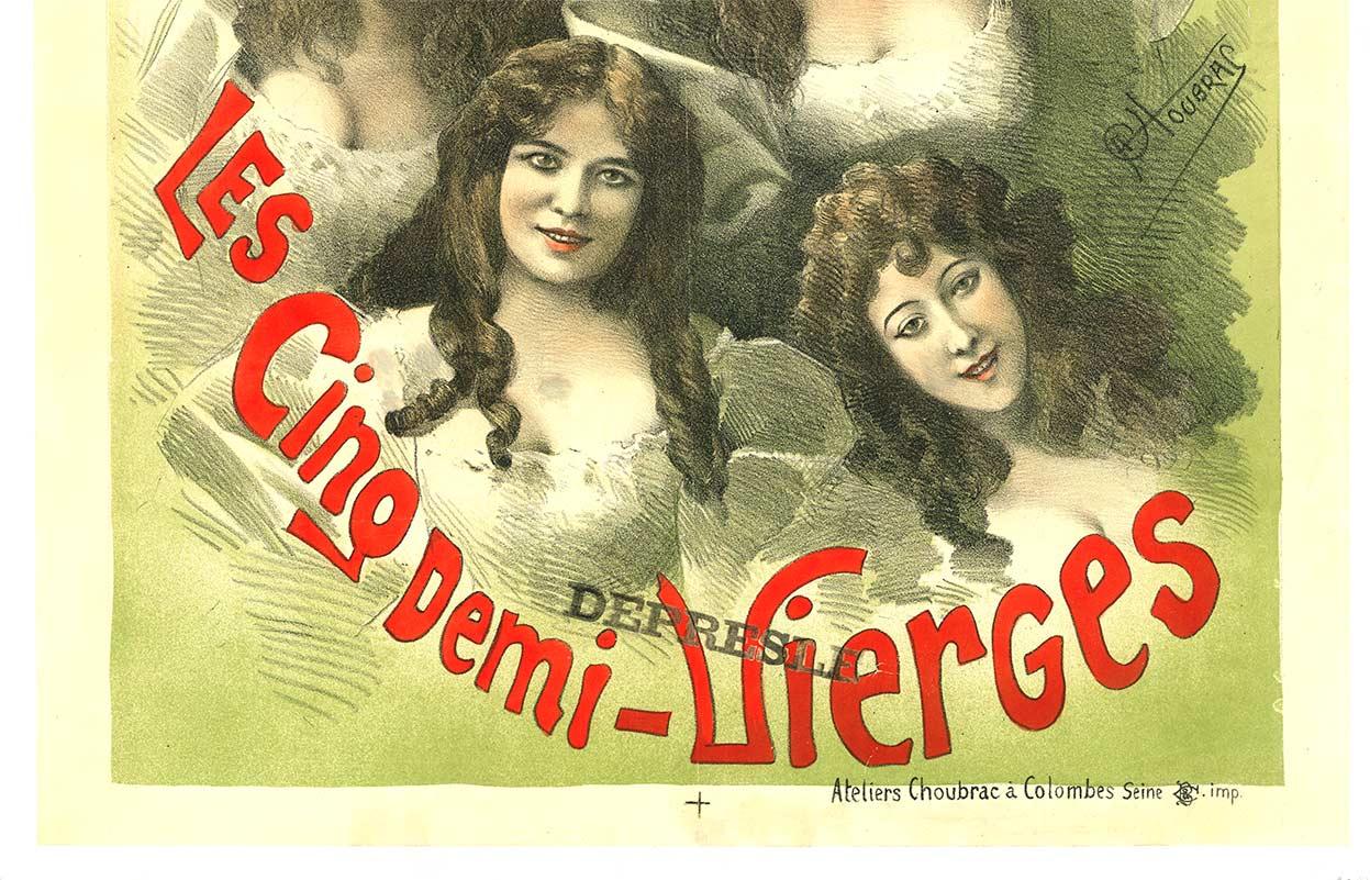 Cartel de teatro de época original de 1890 Ambassadeurs Les Cinq Demi-Vierges - Figurative Print Beige de Alfred Choubrac