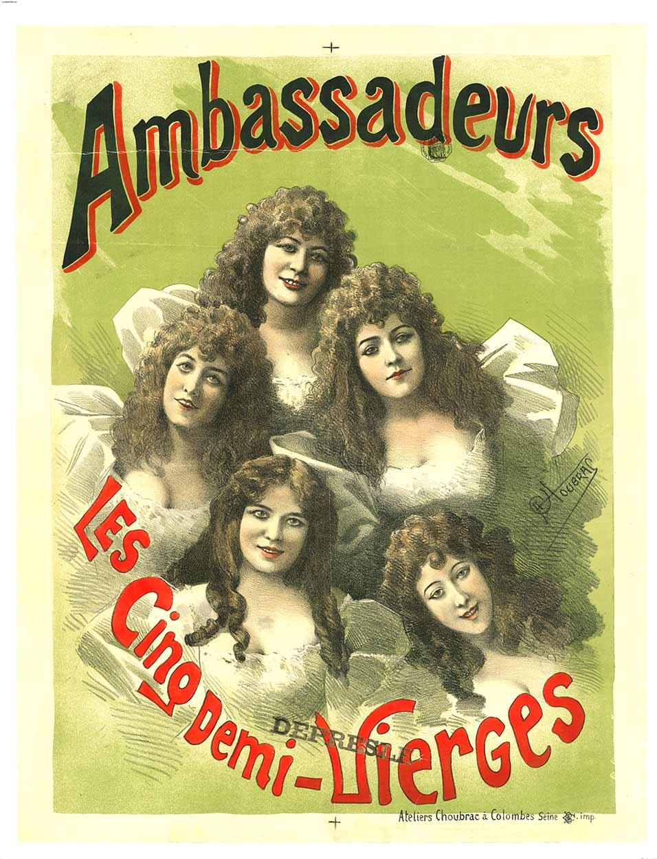 Figurative Print de Alfred Choubrac - Cartel de teatro de época original de 1890 Ambassadeurs Les Cinq Demi-Vierges