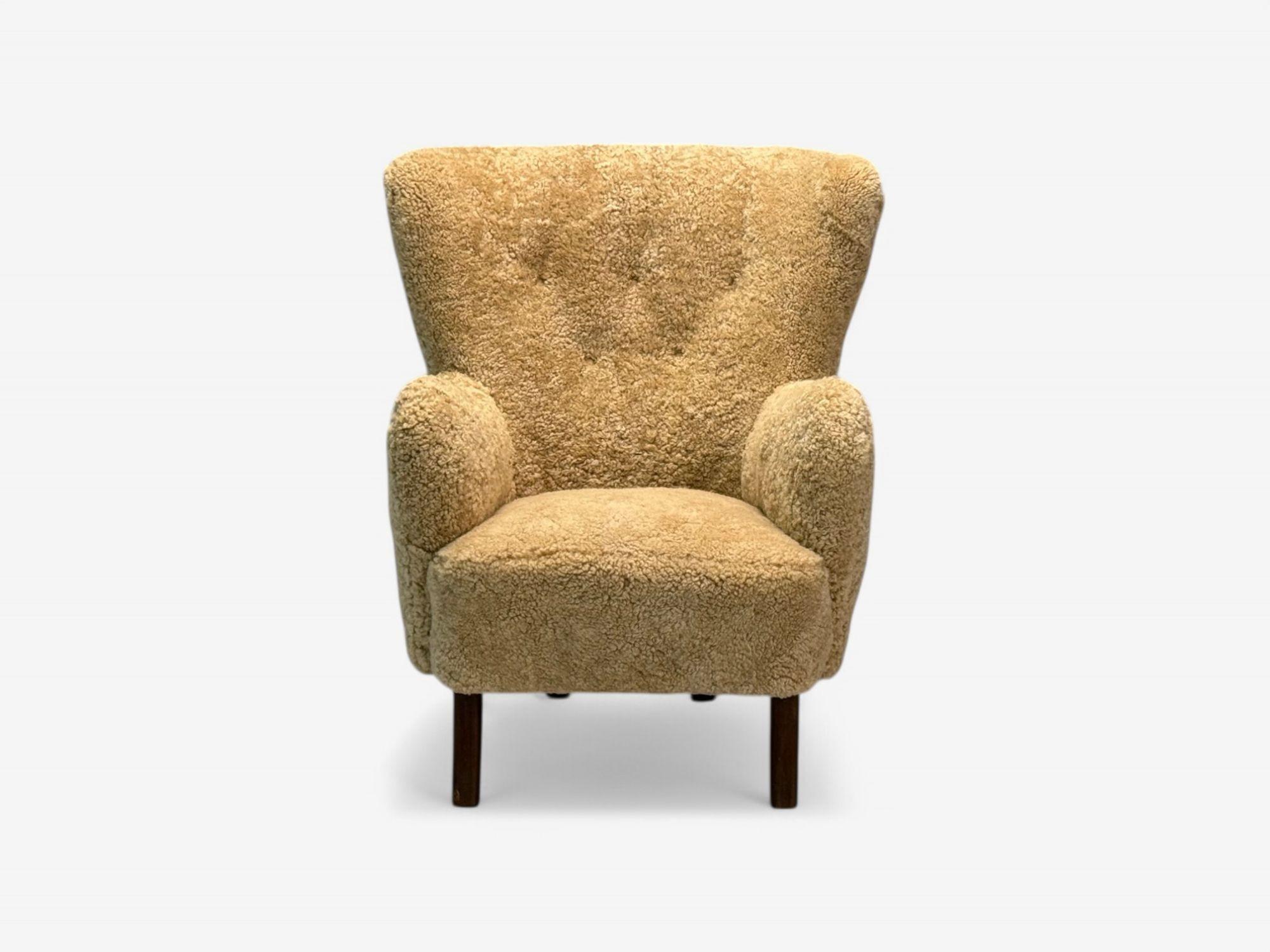 Mid-Century Modern Alfred Christensen attr, Mid-Century, Sheepskin, Beech, Lounge Chair, 1940s