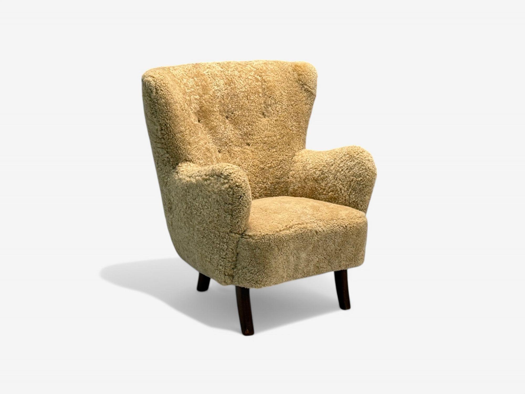 Danish Alfred Christensen attr, Mid-Century, Sheepskin, Beech, Lounge Chair, 1940s