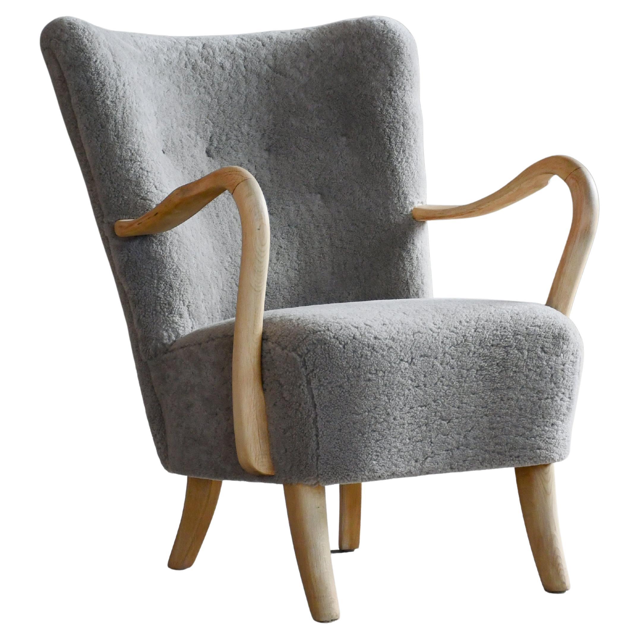 Alfred Christensen Danish 1940's Easy Low Back Chair with Grey Sheepskin