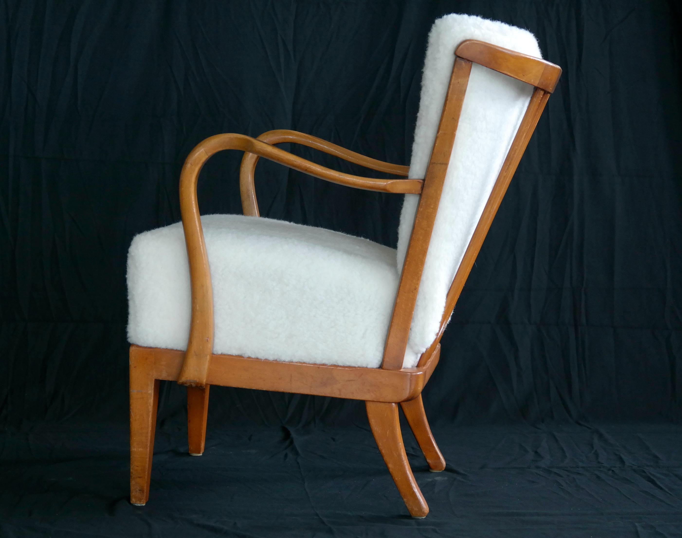 Alfred Christensen Danish Open-Arm Lounge Chair Covered in Lambswool, 1940s 2