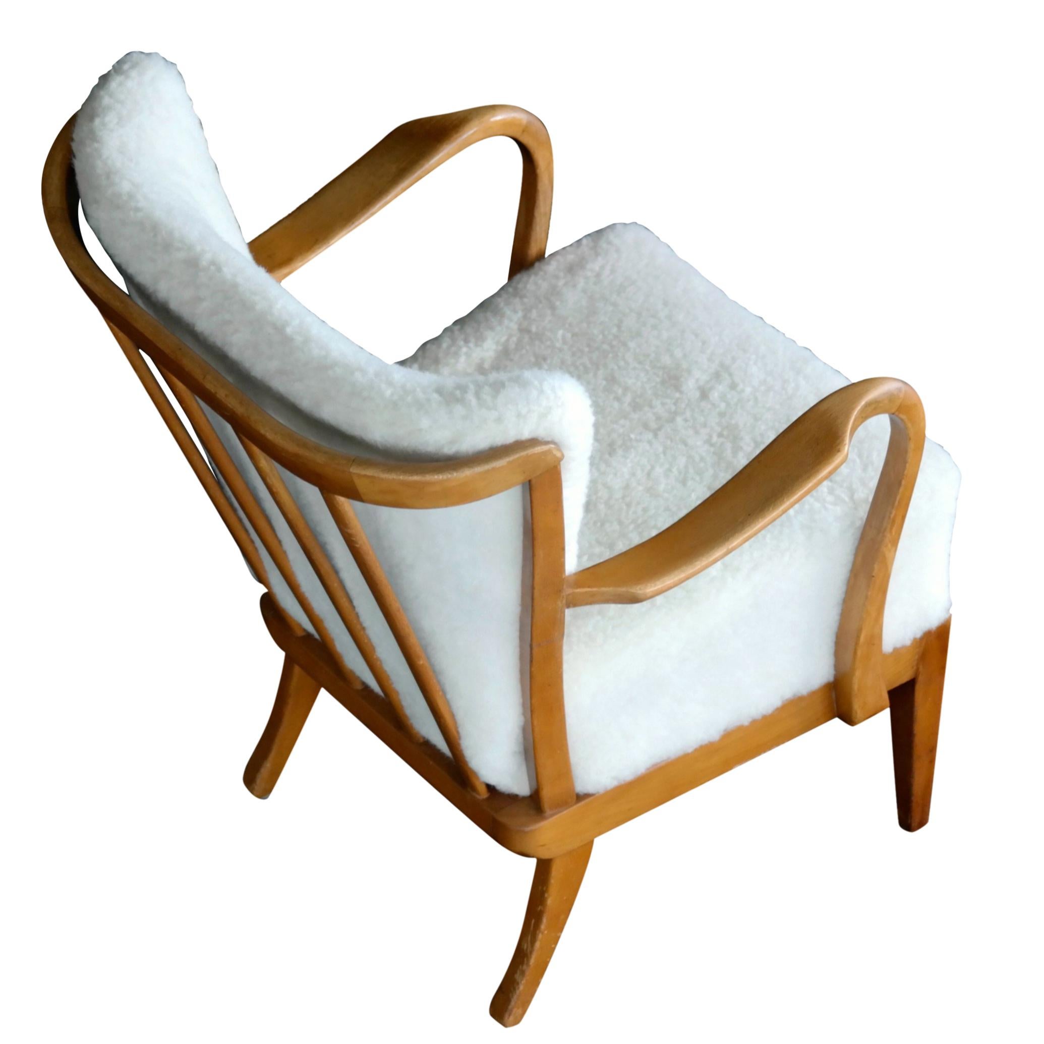 Alfred Christensen Danish Open-Arm Lounge Chair Covered in Lambswool, 1940s