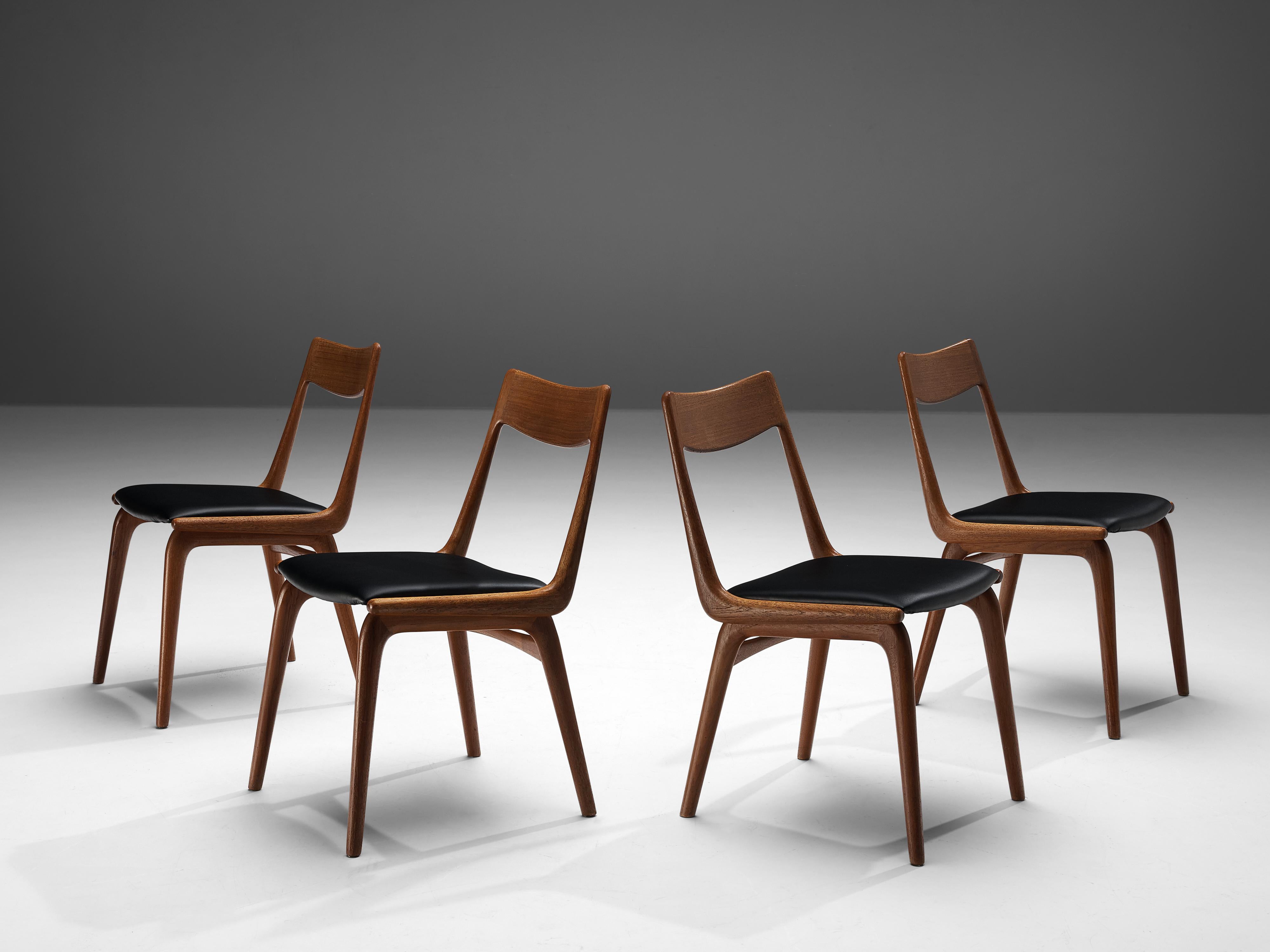 Alfred Christiansen for Slagelse Mobelvaerk, set of four 'Boomerang' dining chairs, teak, leather, Denmark, 1950s.

Set of four dining chairs with elegant legs and back. On the sides of the seat there is a boomerang shaped wood construction that