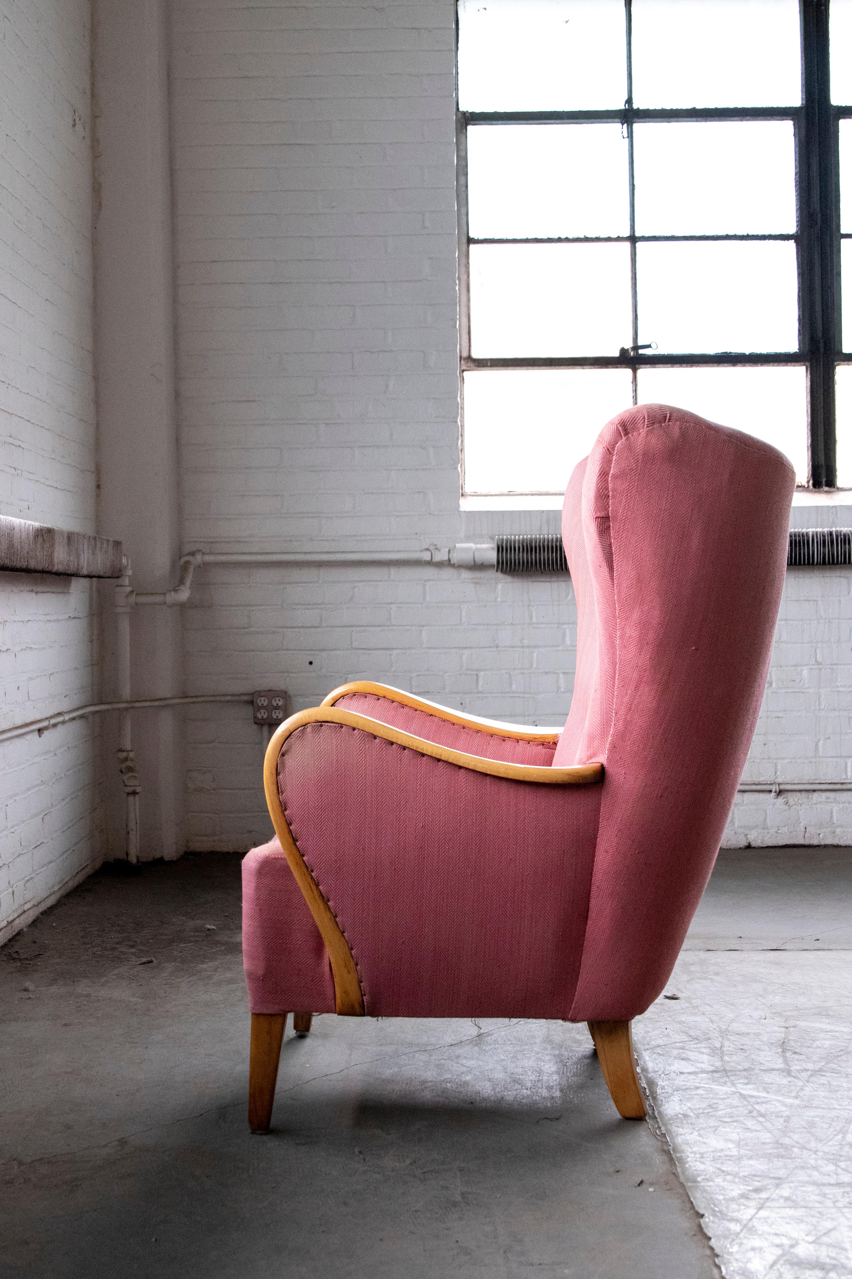 Alfred Christensen High Back Lounge Chair Closed Armrests in Elm, Denmark, 1940s 8