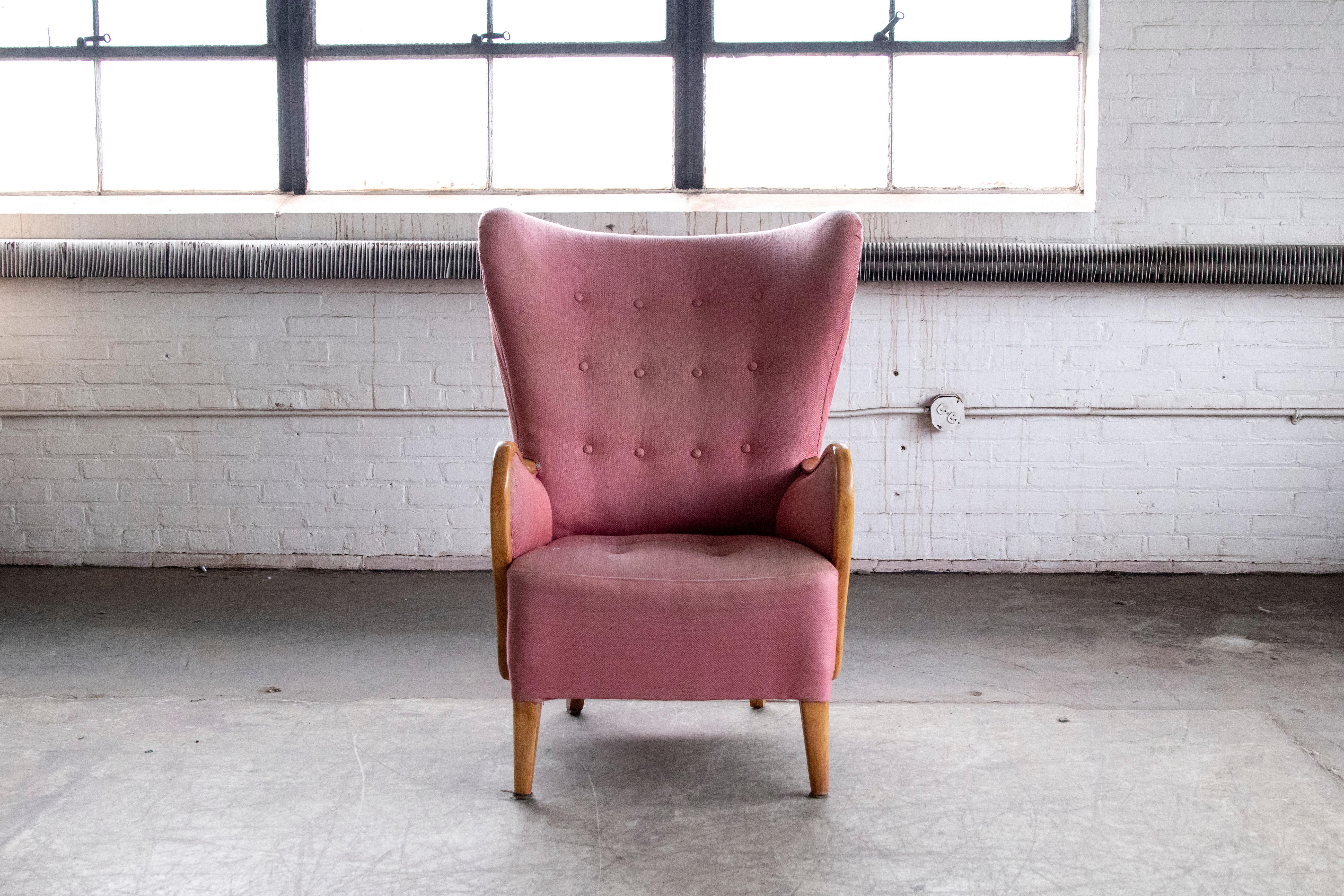 Mid-Century Modern Alfred Christensen High Back Lounge Chair Closed Armrests in Elm, Denmark, 1940s