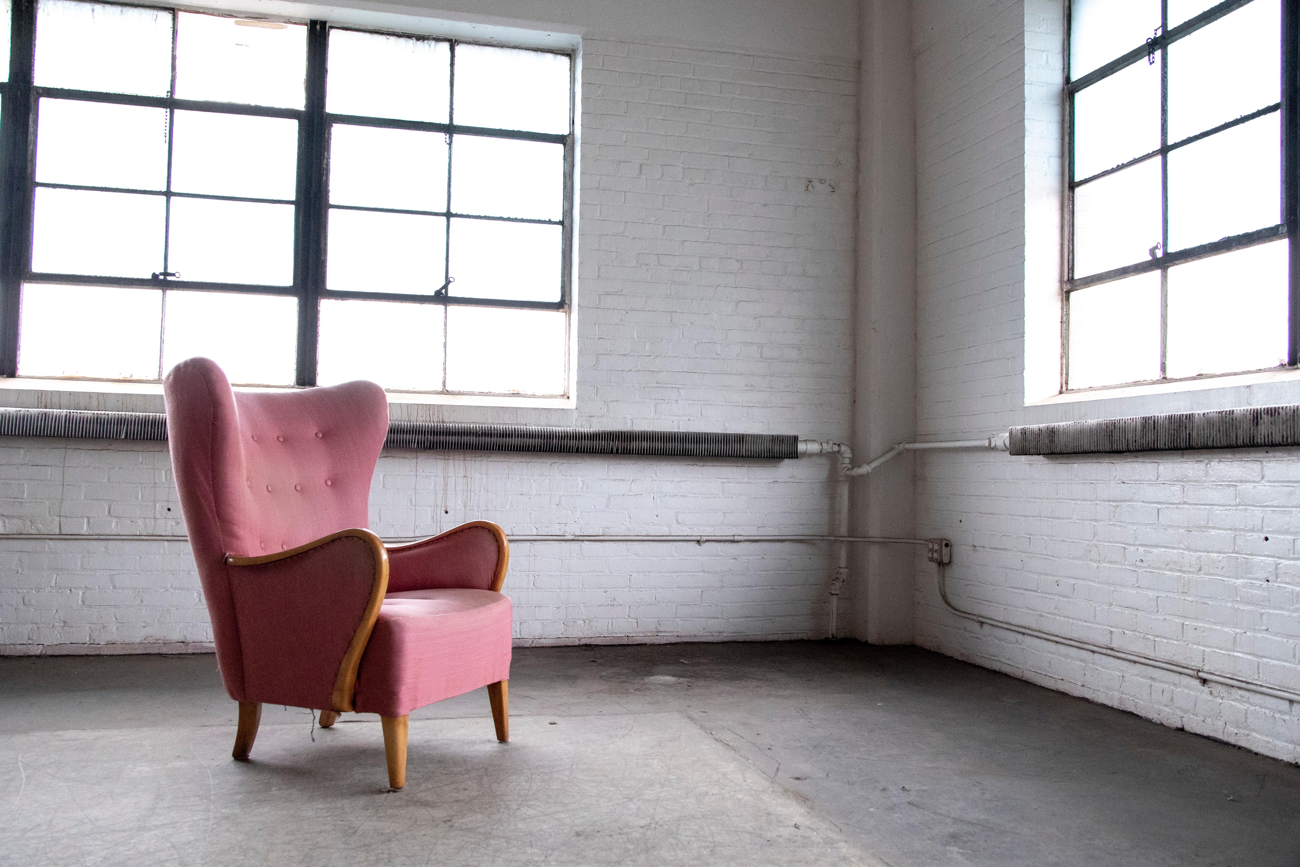 Danish Alfred Christensen High Back Lounge Chair Closed Armrests in Elm, Denmark, 1940s