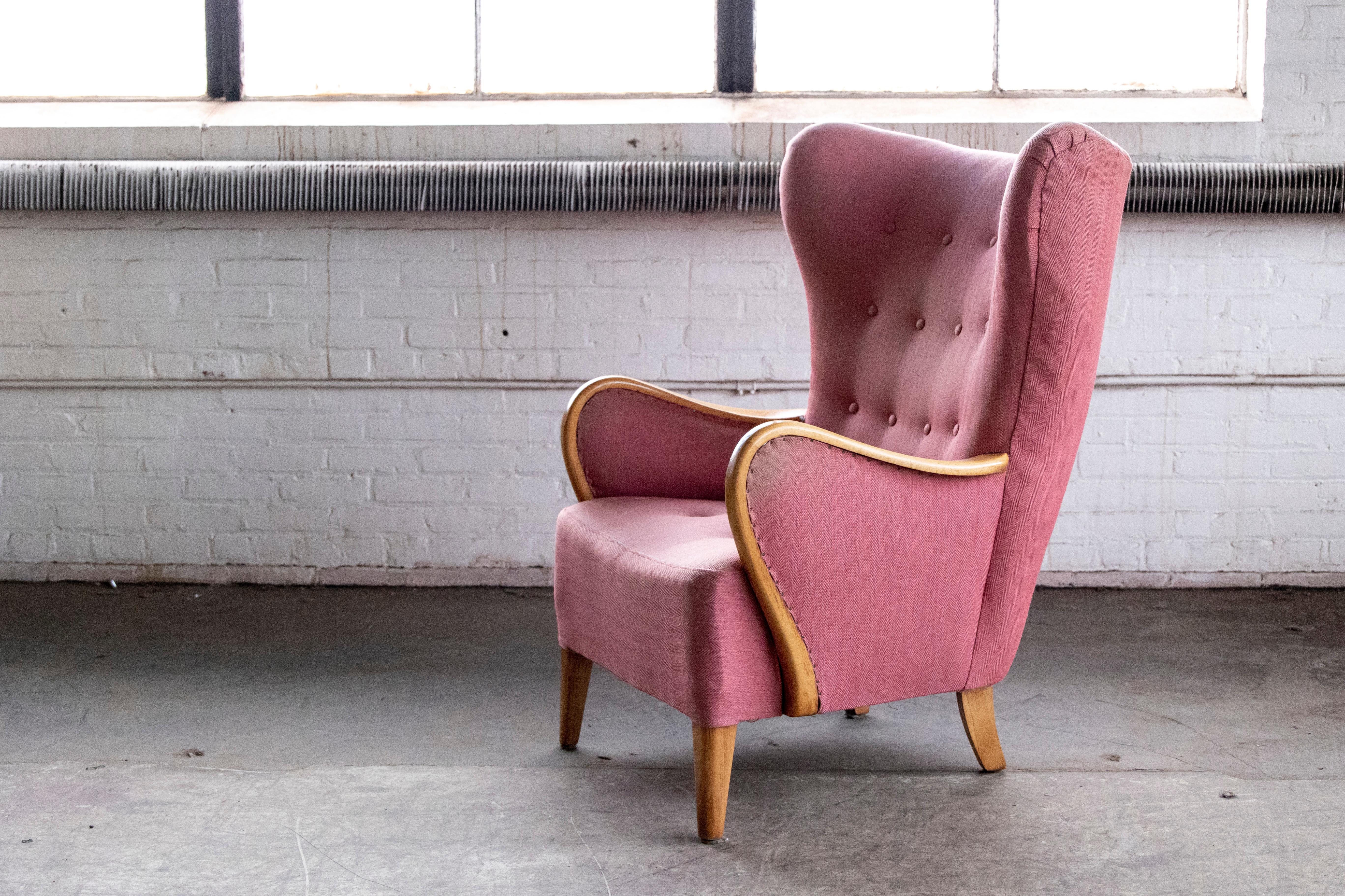 Wool Alfred Christensen High Back Lounge Chair Closed Armrests in Elm, Denmark, 1940s