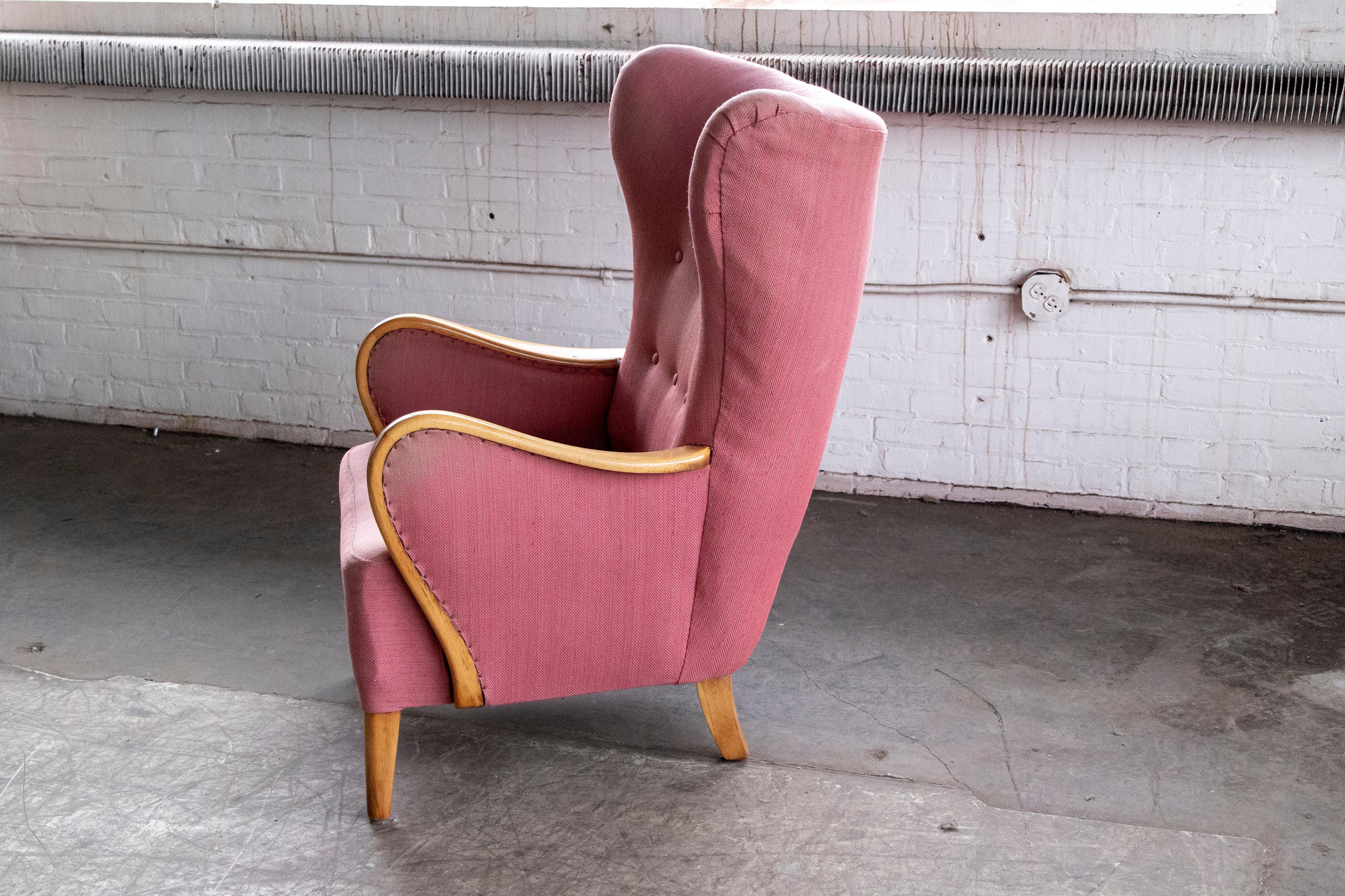 Alfred Christensen High Back Lounge Chair Closed Armrests in Elm, Denmark, 1940s 1