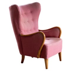 Alfred Christensen High Back Lounge Chair Closed Armrests in Elm, Denmark, 1940s