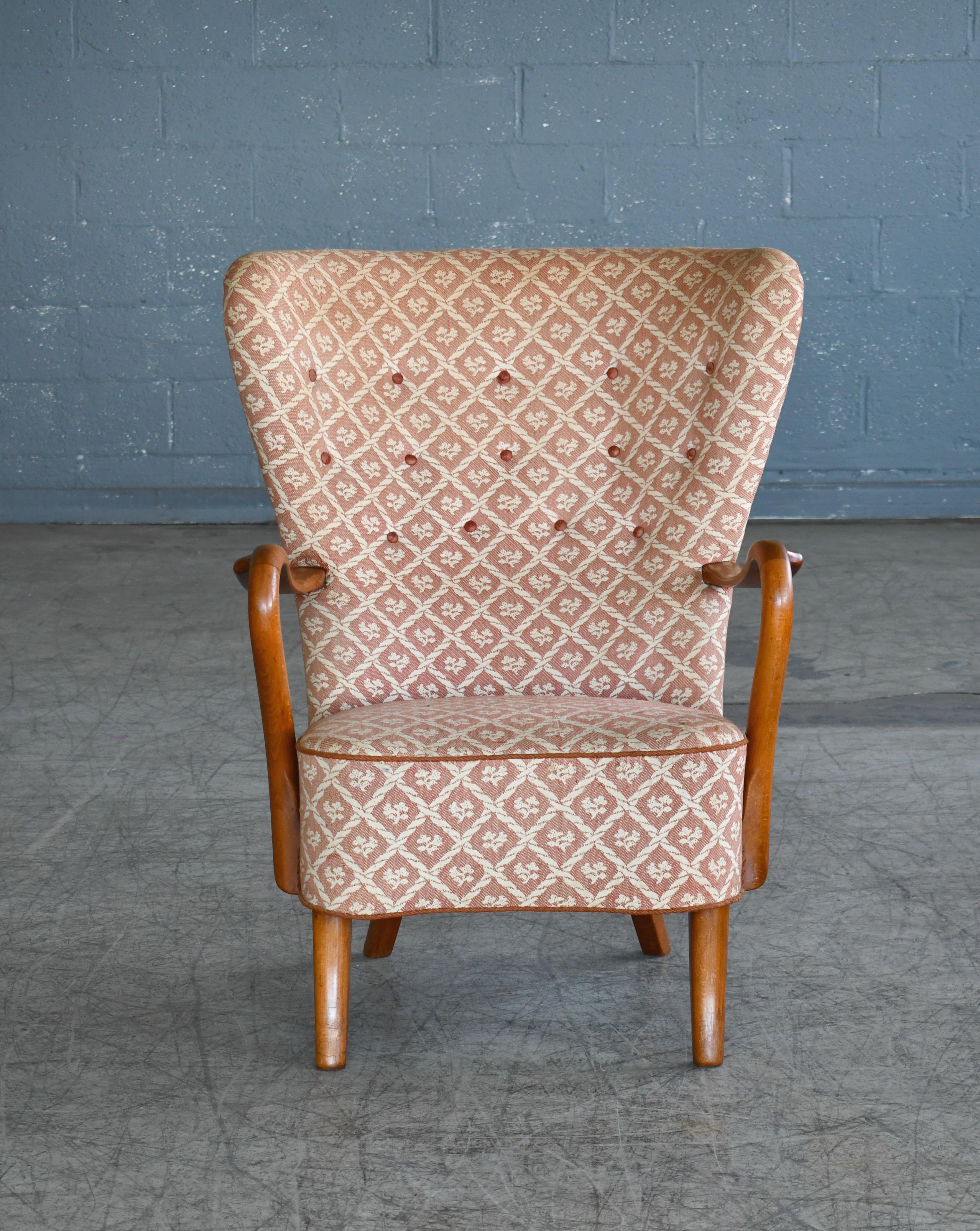 Mid-Century Modern Alfred Christensen High Back Lounge Chair Armrests in Elm, Denmark, 1940s