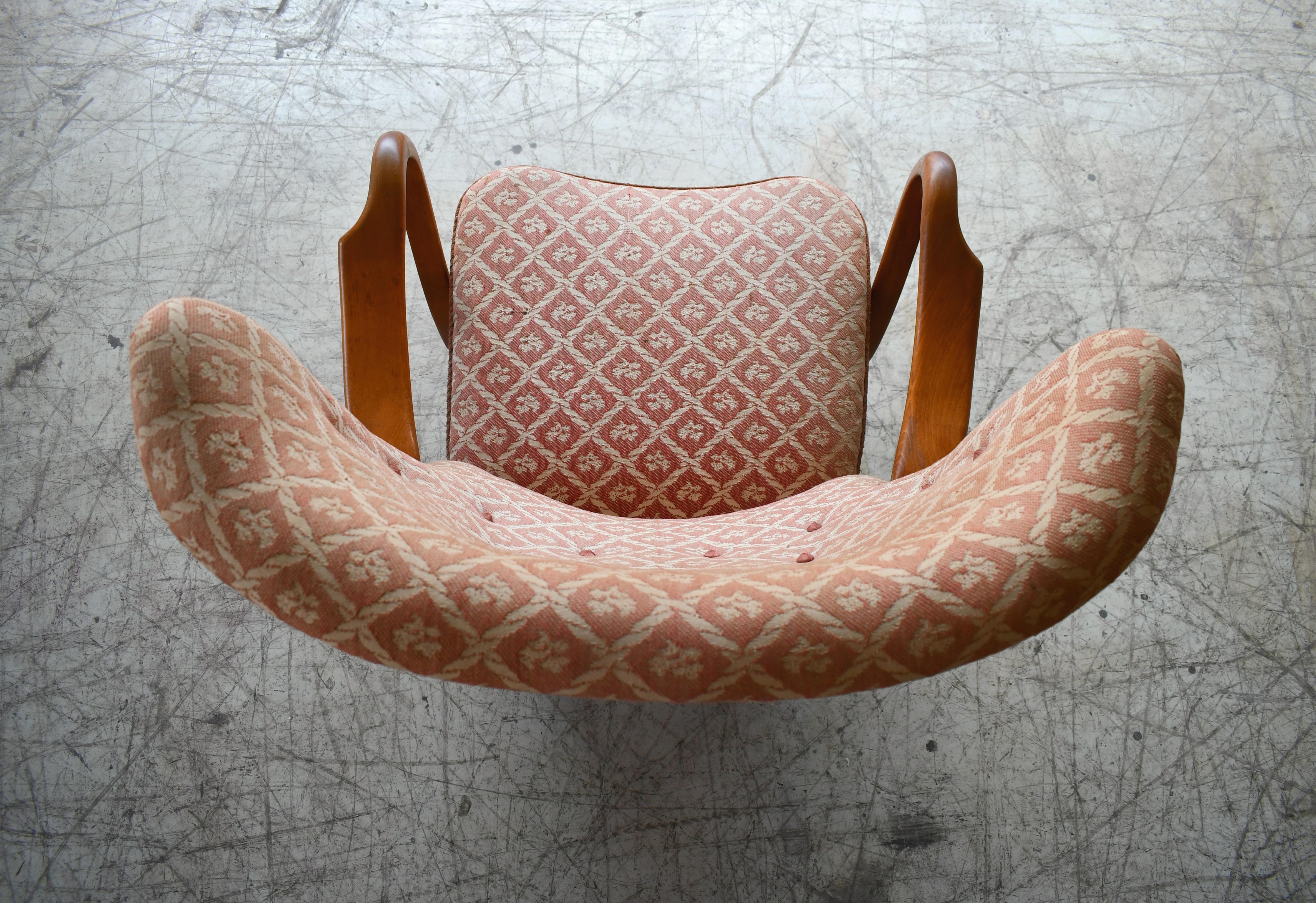 Alfred Christensen High Back Lounge Chair Armrests in Elm, Denmark, 1940s In Good Condition In Bridgeport, CT