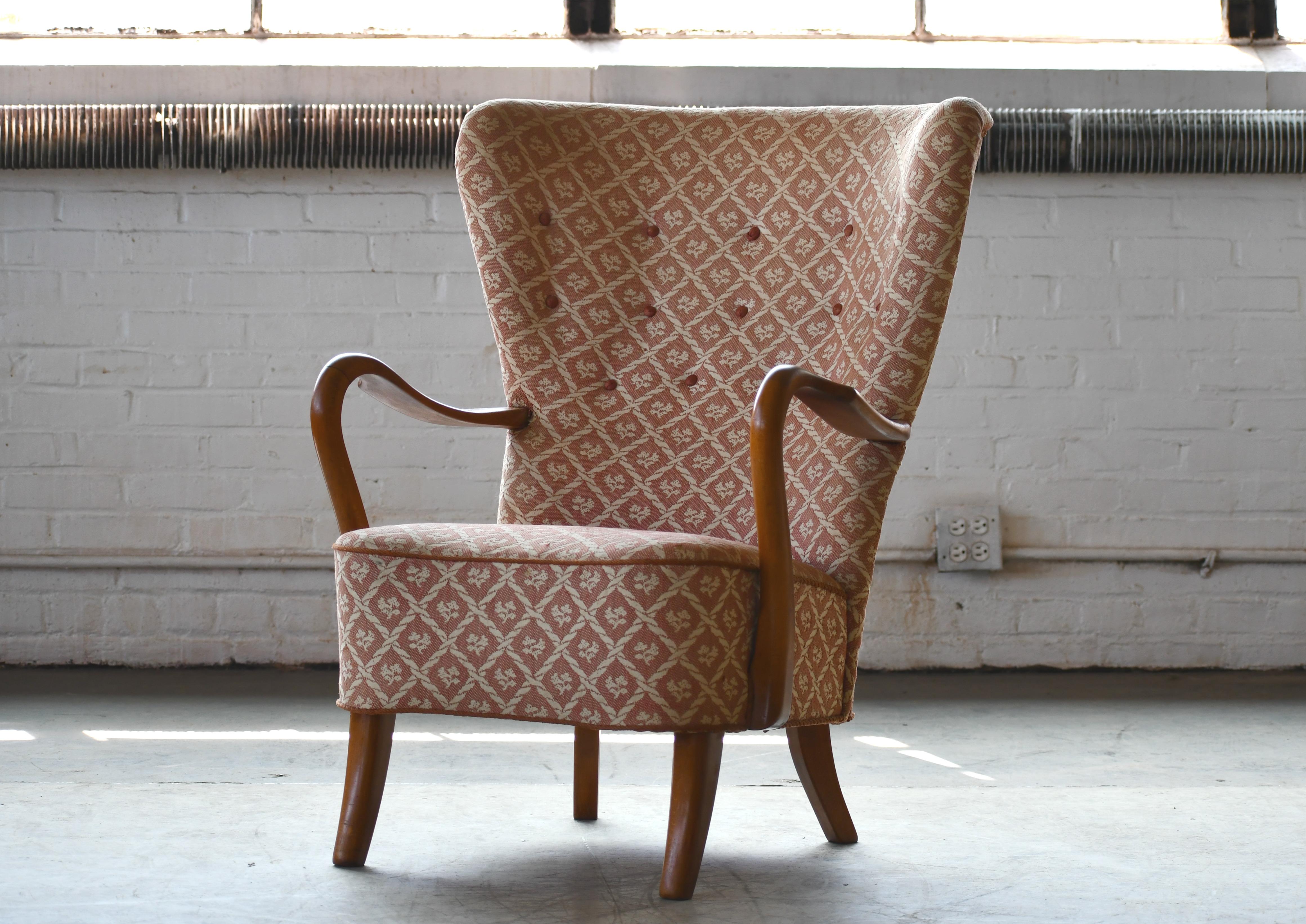 Alfred Christensen High Back Lounge Chair Armrests in Elm, Denmark, 1940s 3