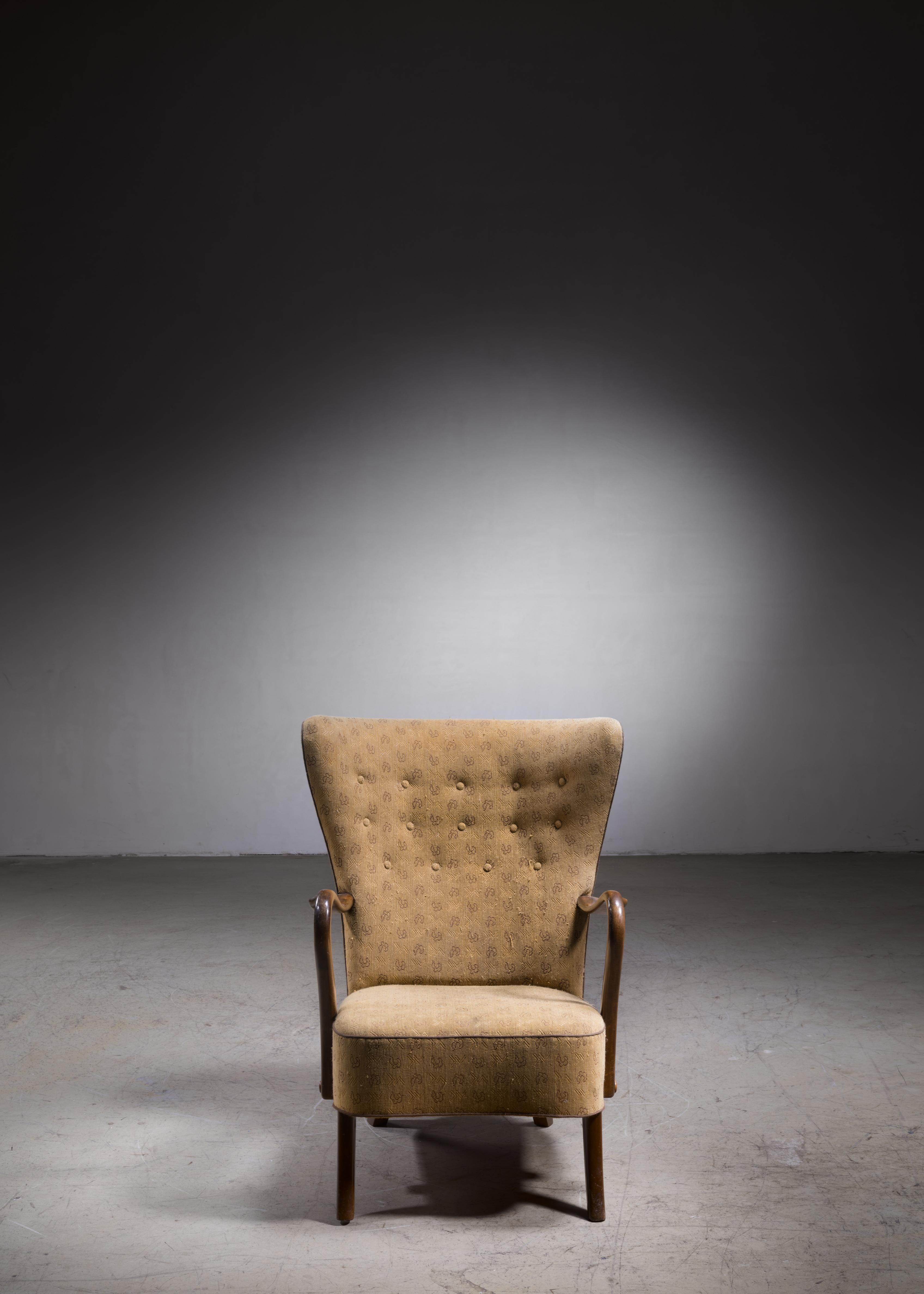 Scandinavian Modern Alfred Christensen Lounge Chair with Yellow Upholstery, Denmark, 1940s For Sale