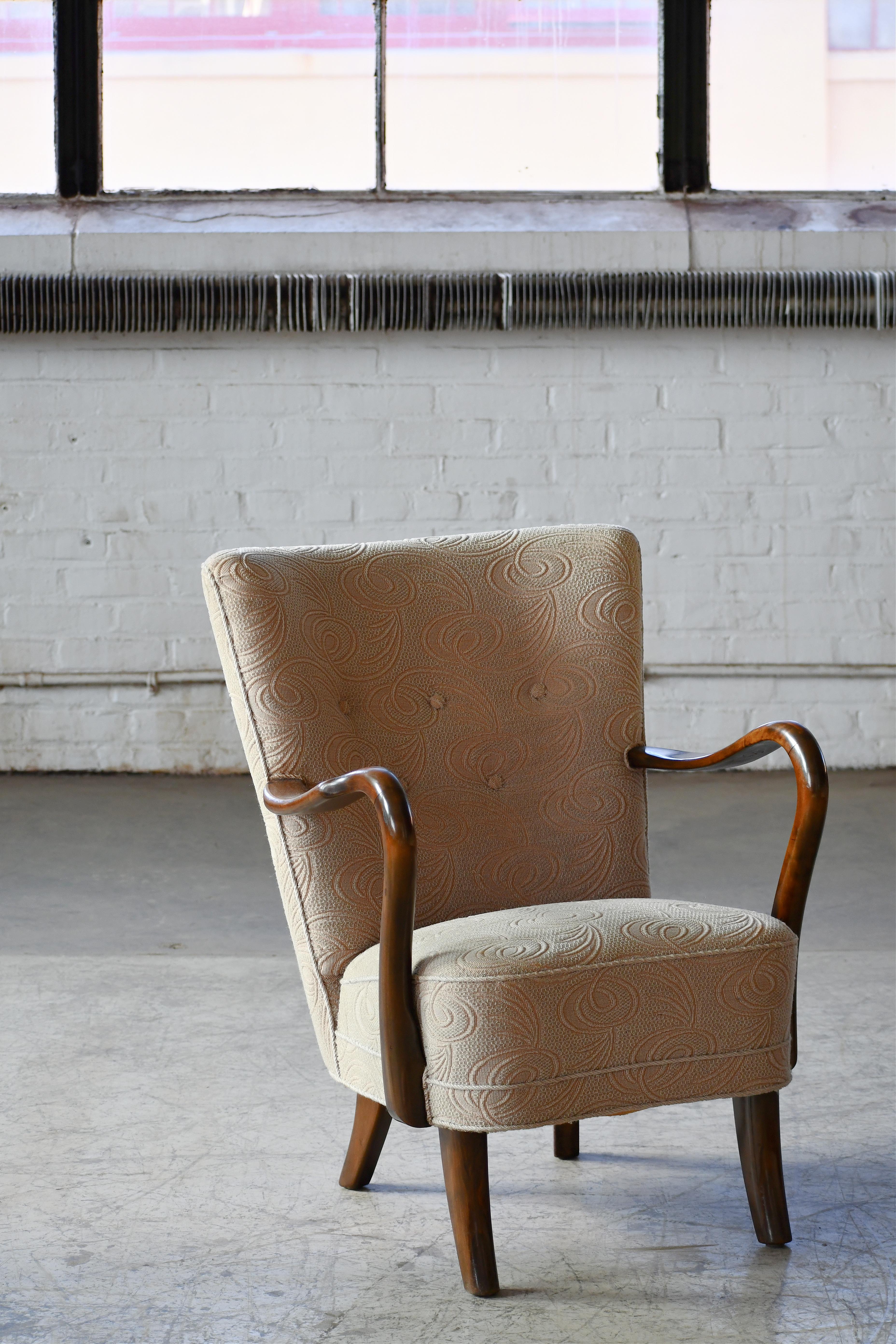 Mid-Century Modern Alfred Christensen Low Back Easy Chair with Open Armrests, Denmark 1940's