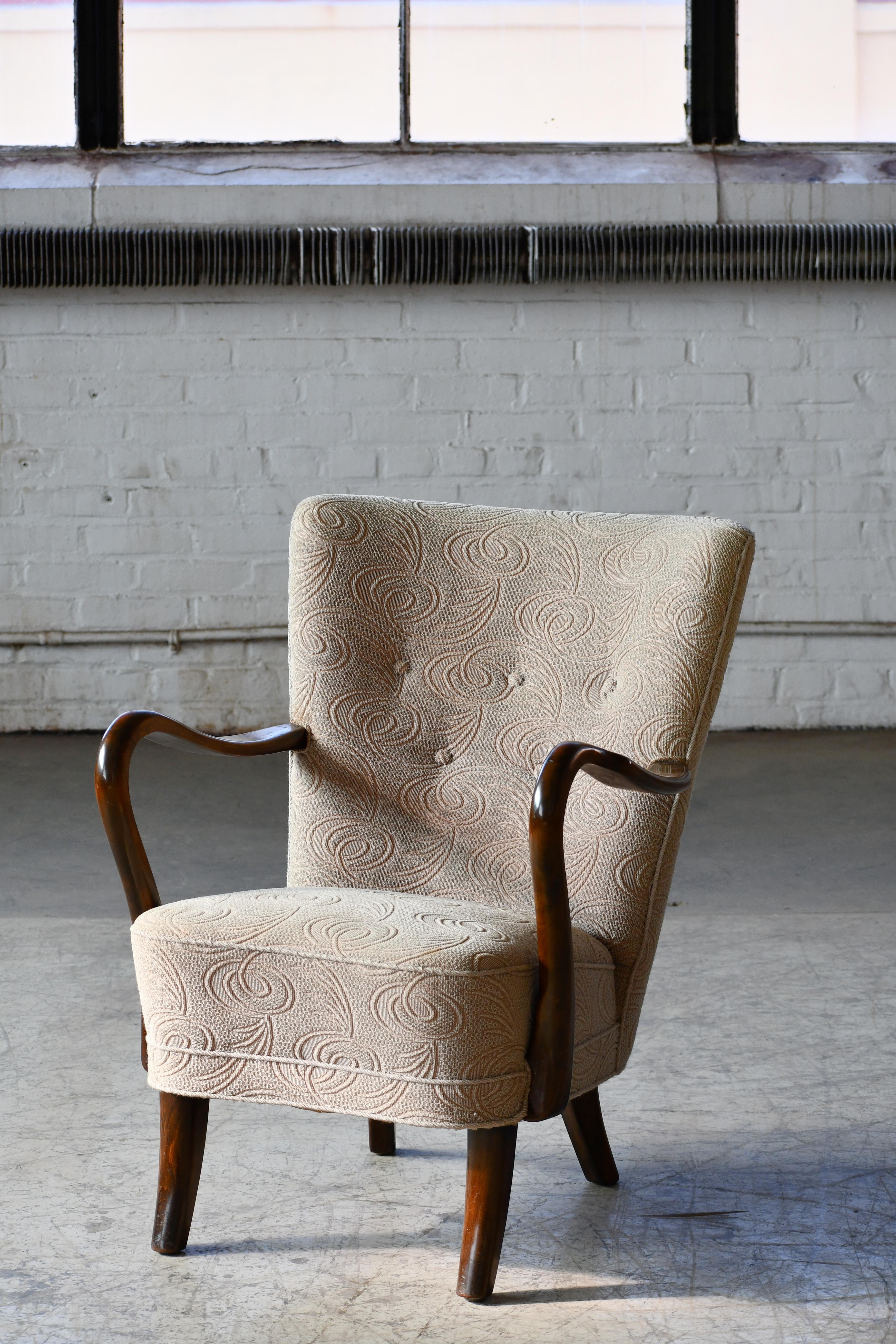 Mid-20th Century Alfred Christensen Low Back Easy Chair with Open Armrests, Denmark 1940's