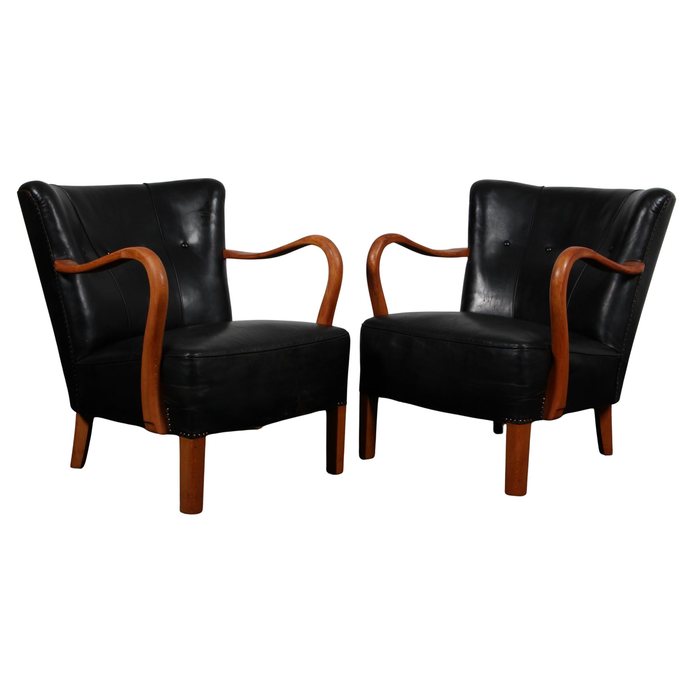 Alfred Christensen, set of Lounge chairs in original leather and beech, 1940s