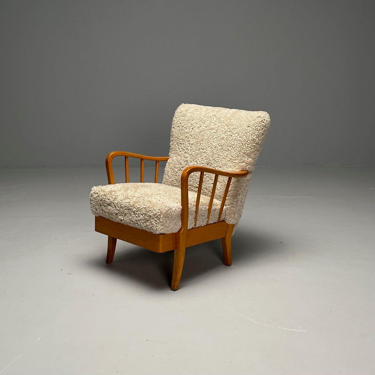 Alfred Christensen Style, Danish Mid-Century Modern Arm Chair, Shearling, Elm In Good Condition For Sale In Stamford, CT
