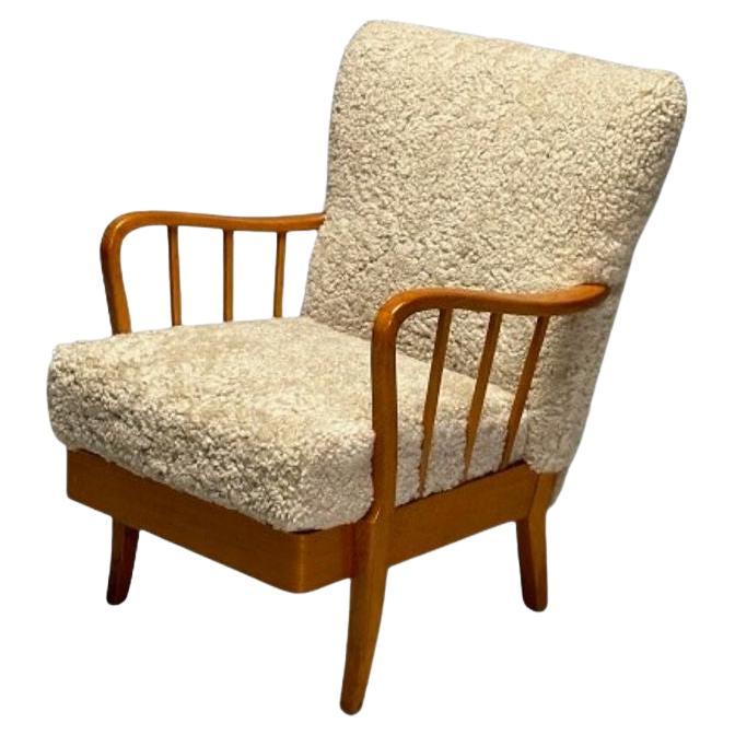 Alfred Christensen Style, Danish Mid-Century Modern Arm Chair, Shearling, Elm For Sale