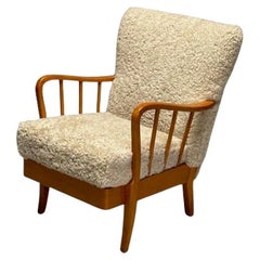 Alfred Christensen Style, Danish Mid-Century Modern Arm Chair, Shearling, Elm
