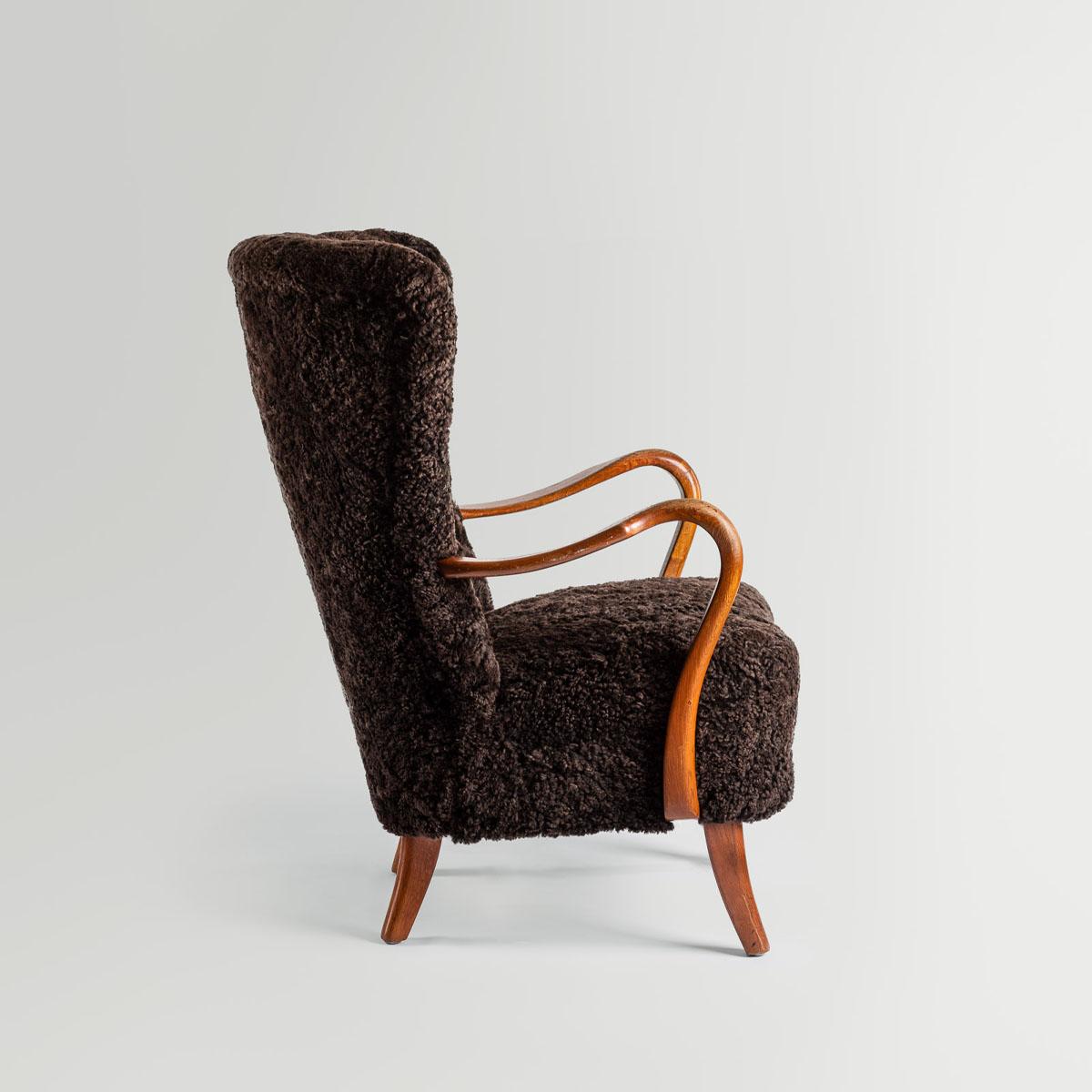 Scandinavian Modern Alfred Christensen Wingback Chair in Brown Sheepskin, 1940s