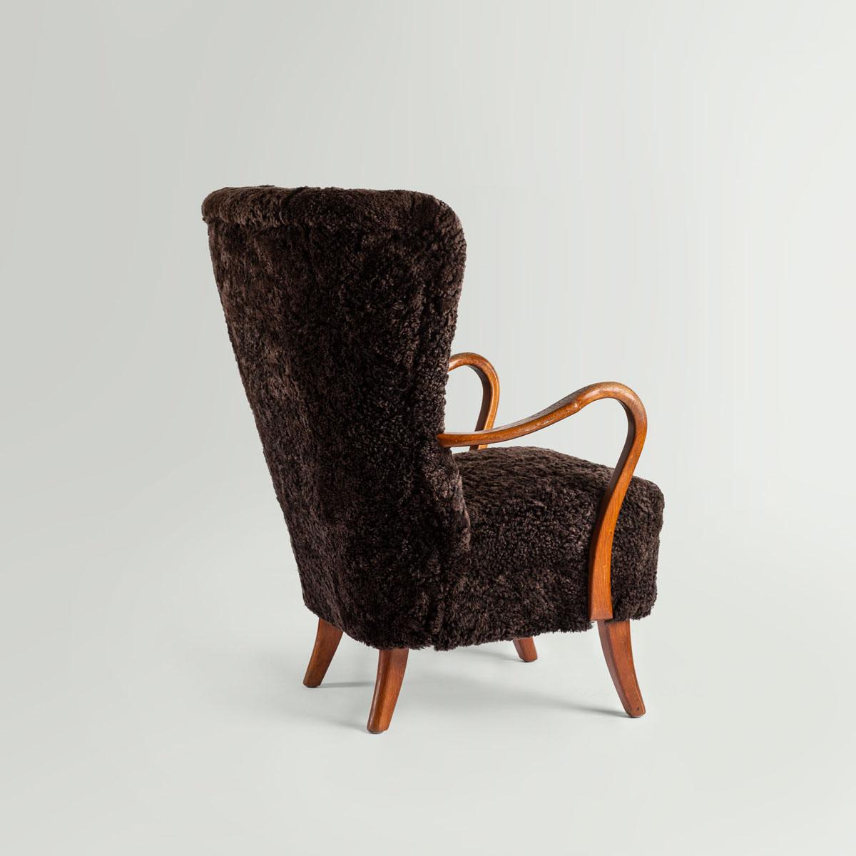 Danish Alfred Christensen Wingback Chair in Brown Sheepskin, 1940s For Sale