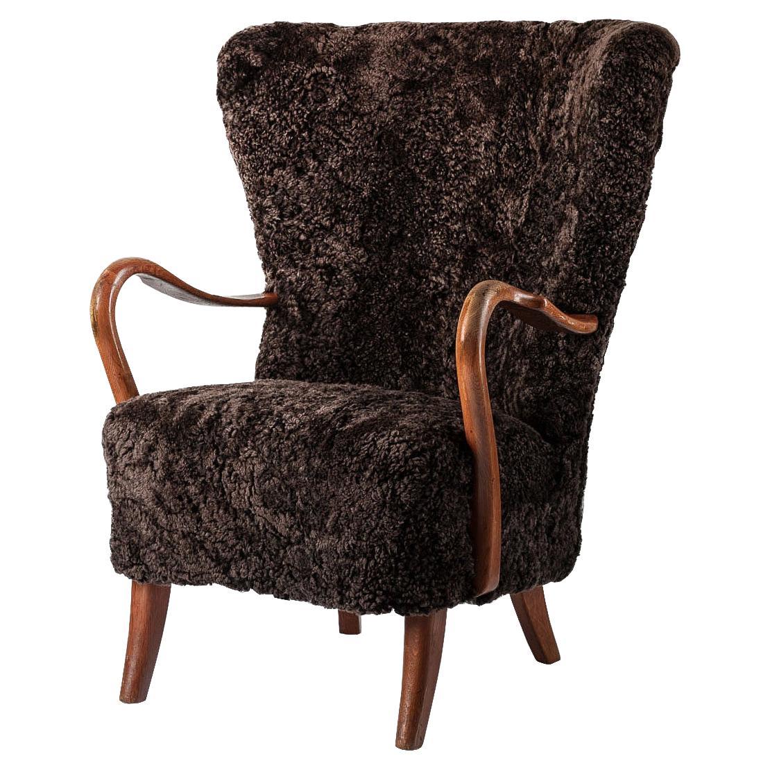 Alfred Christensen Wingback Chair in Brown Sheepskin, 1940s For Sale
