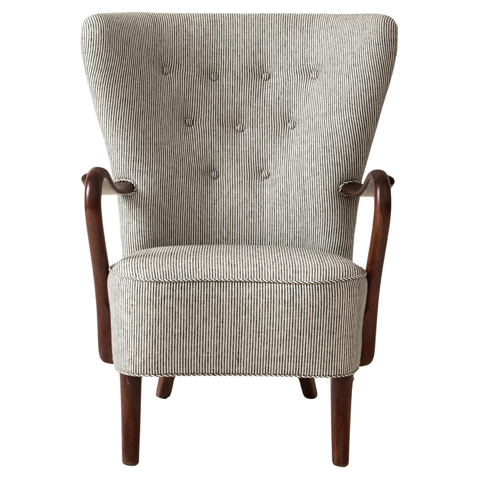 Alfred Christiansen High Back Easy Chair in Striped Linen, 1940s
