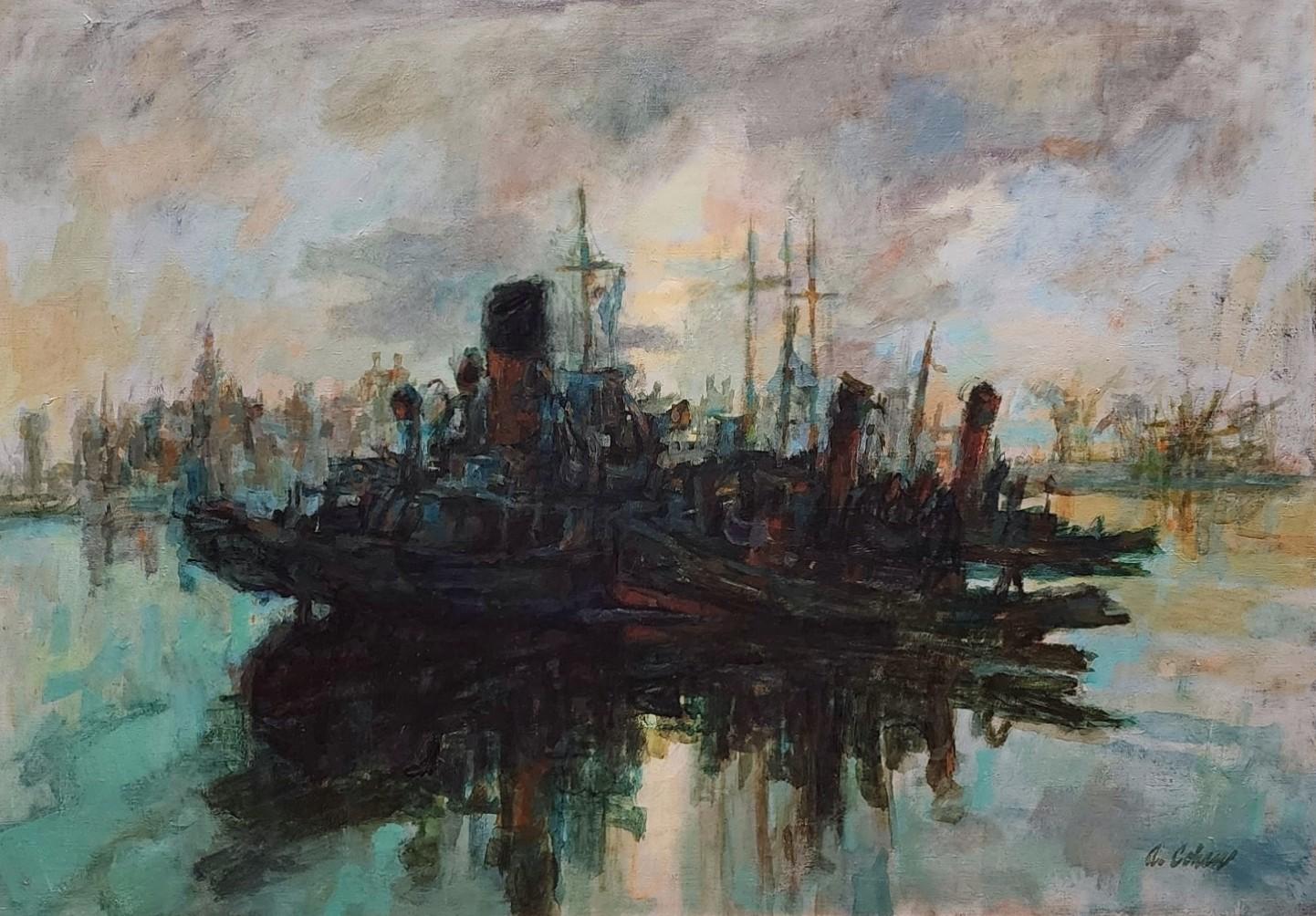 Frente a Boulogne, escena portuaria francesa, artista de Chicago, gran óleo abstracto de los años 50 - Painting de Alfred Cohen