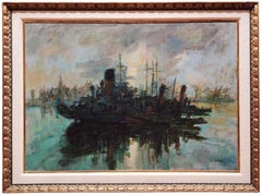 Frente a Boulogne, escena portuaria francesa, artista de Chicago, gran óleo abstracto de los años 50