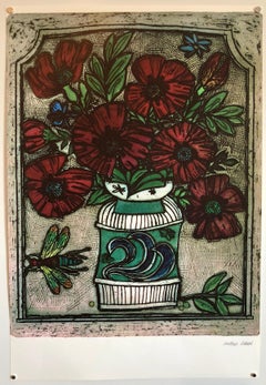 Modernistischer Offset-Lithografie-Druck mit kräftigen, leuchtenden Blumen, auf der Druckplatte signiert