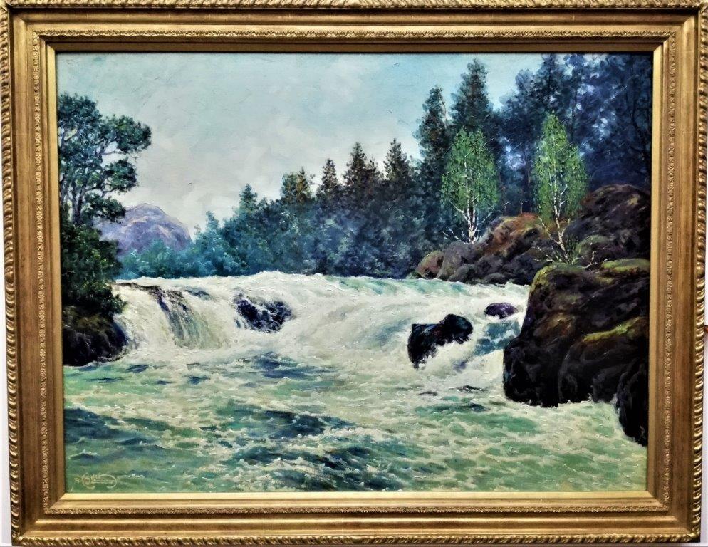„River Rapids, postimpressionistische Flusslandschaft, Wasserfall in Eggedal – Painting von Alfred Collin