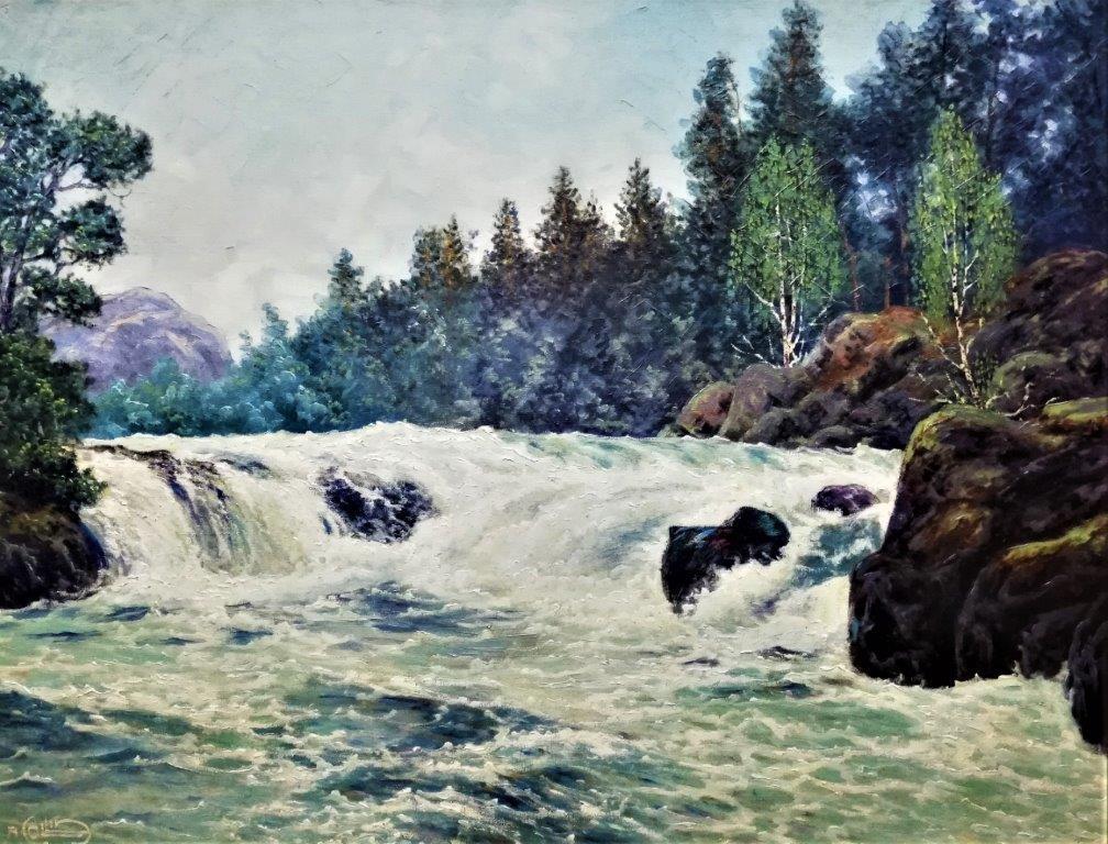 Landscape Painting Alfred Collin - "River Rapids", paysage fluvial post-impressionniste, chute d'eau à Eggedal