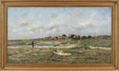 Antique Alfred Conquest, Coastal Landscape With Village 
Figures