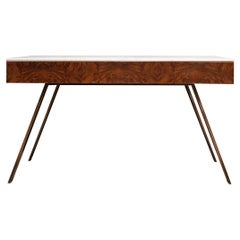 Console Table With Drawers, Burr Walnut Veneer, Marble Top And Metal Legs