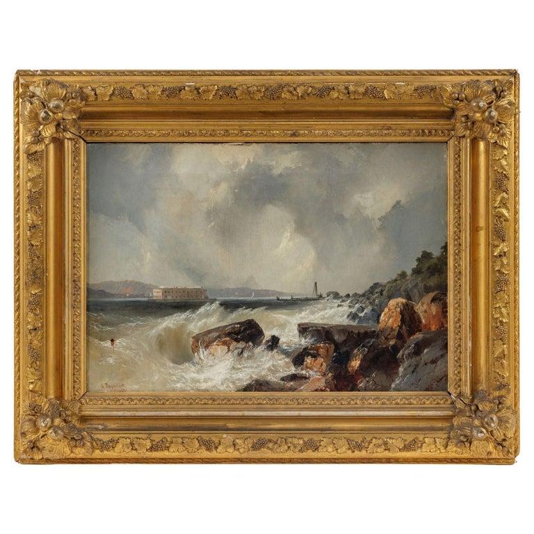 Alfred Copestick (1837-1859)

Fort Hamilton depuis les Narrows, New York, 1857
Huile sur toile, dans le cadre d'origine en bois doré
14 ¼ x 20 ⅛ po. (toile)
Signé en bas à gauche : A. Copestick NY 1857

Peint alors que Copestick n'avait que vingt