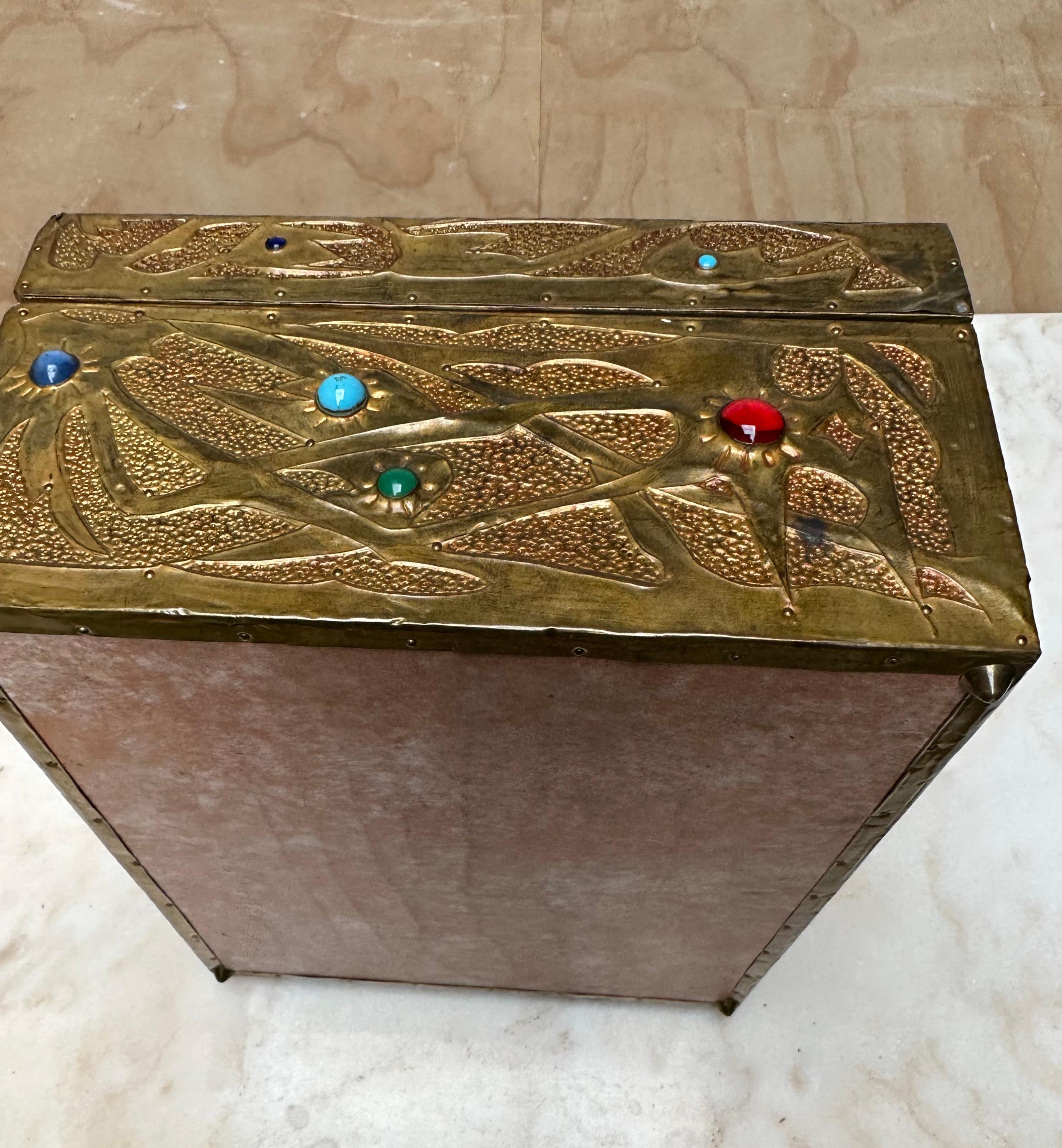 Alfred Daguet, Paris, Art Nouveau Embossed Brass & Inlaid Glass Cabochons Box For Sale 3