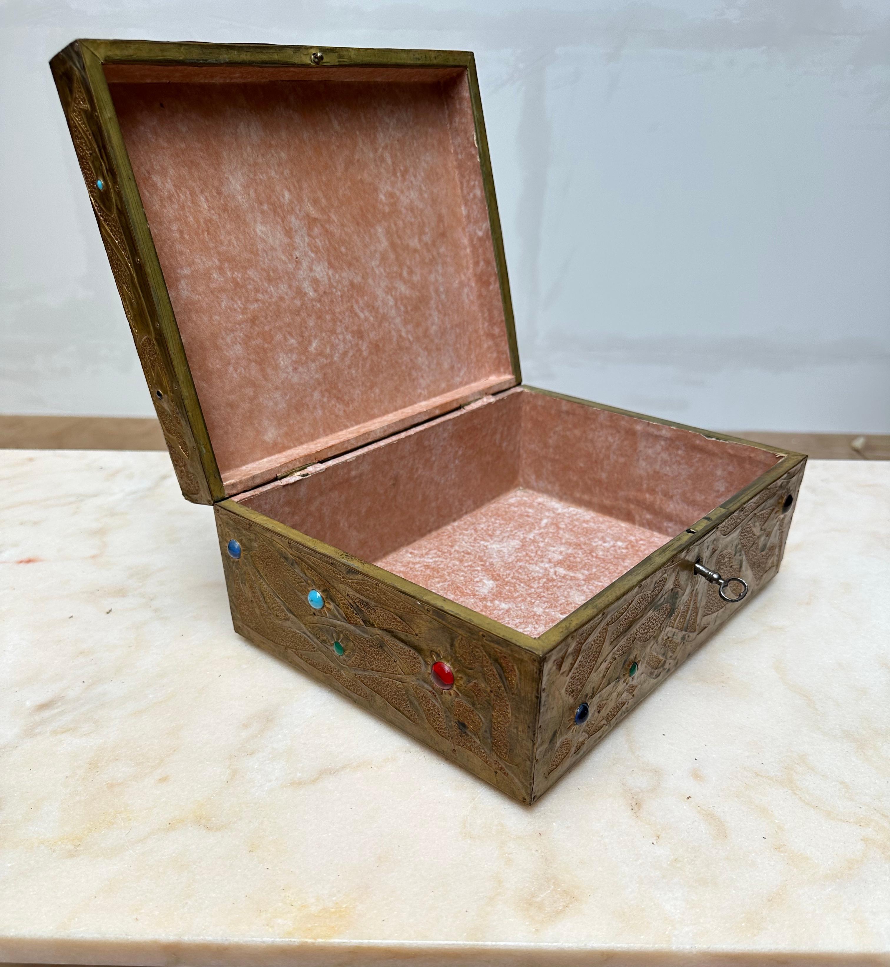 Alfred Daguet, Paris, Art Nouveau Embossed Brass & Inlaid Glass Cabochons Box For Sale 6