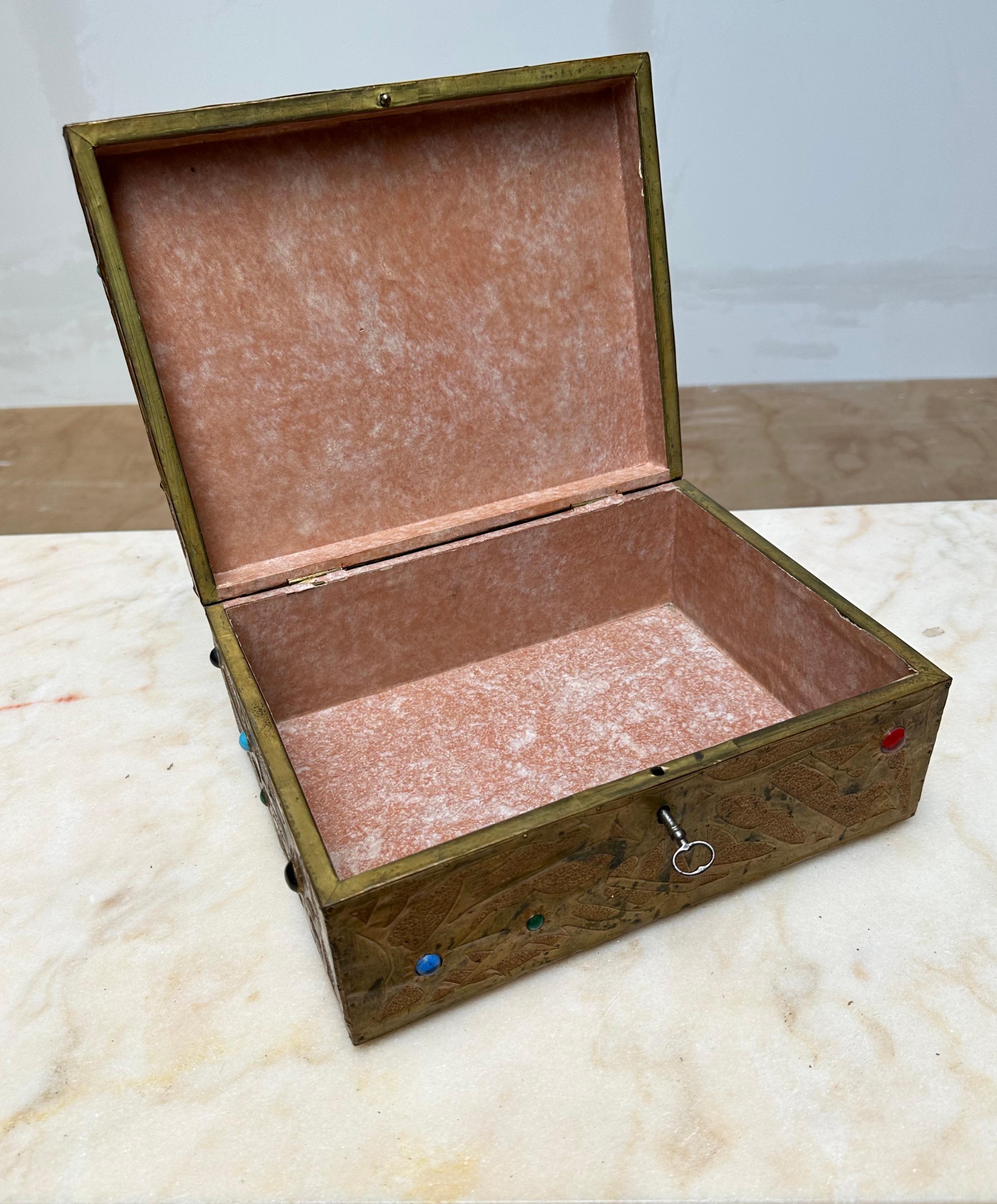 Alfred Daguet, Paris, Art Nouveau Embossed Brass & Inlaid Glass Cabochons Box For Sale 7