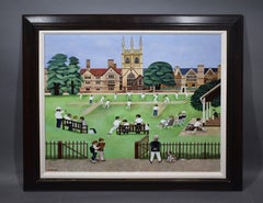 Vintage English Folk Art "Junior Cricket" at Merton Fields, Signed Oil Painting