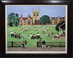 Vintage English Folk Art "Junior Cricket" at Merton Fields, Signed Oil Painting