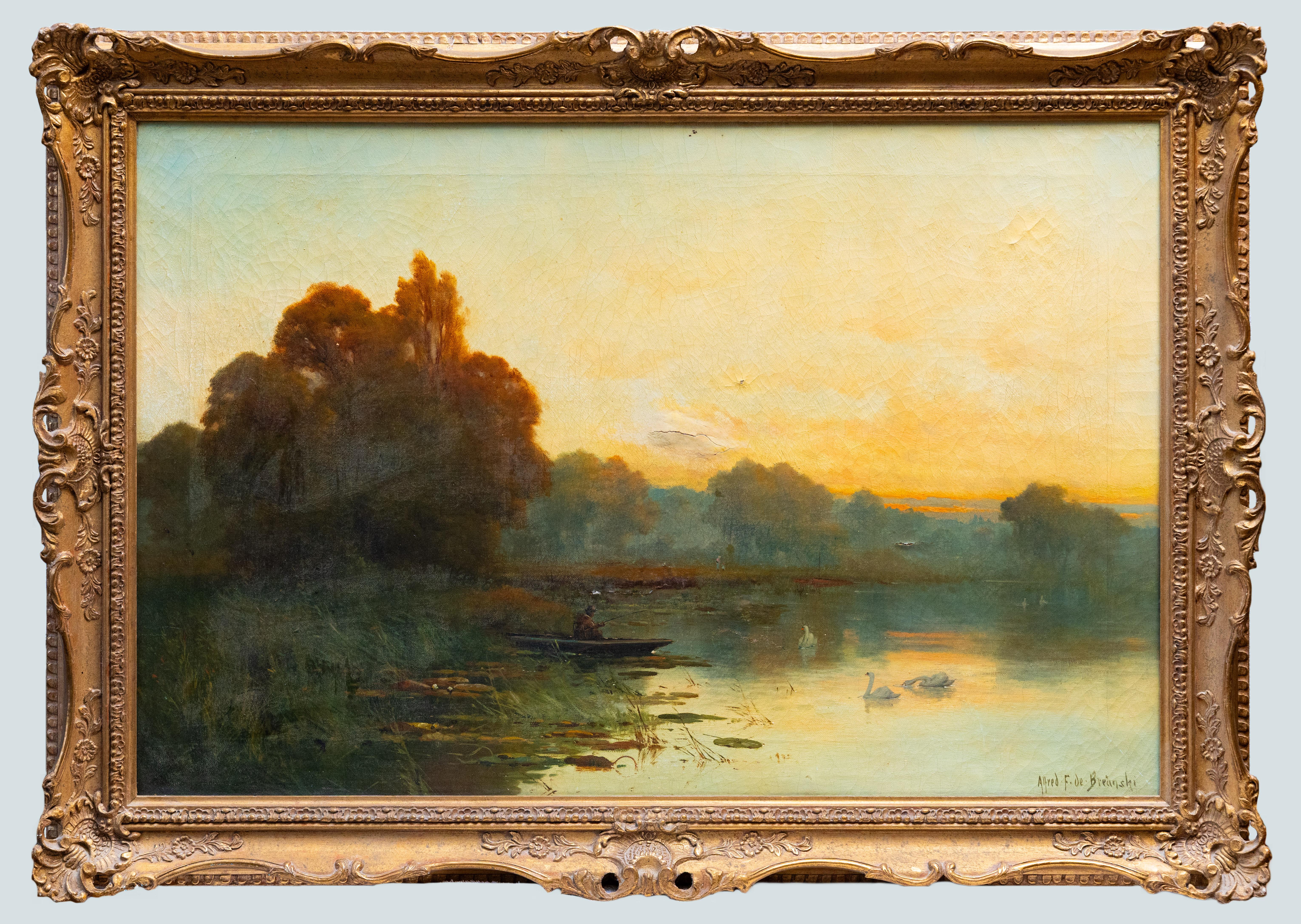 Alfred F. de Breanski Jr. “Evening on the Thames” Oil Painting with Swans at Sun