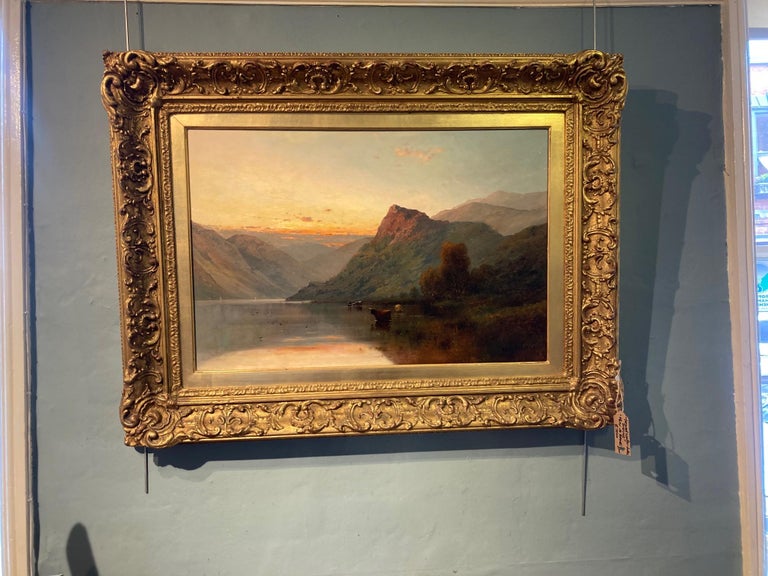 Large Scottish Highland Lakeland Scene with Cattle watering.  Oil on Canvas 20 by 30 inches, Signed and Framed in traditional Gold Frame.

Alfred Fontville de Breanski (1877 to 1945) is the son of Alfred de Breanski (Senior) and every bit as good as