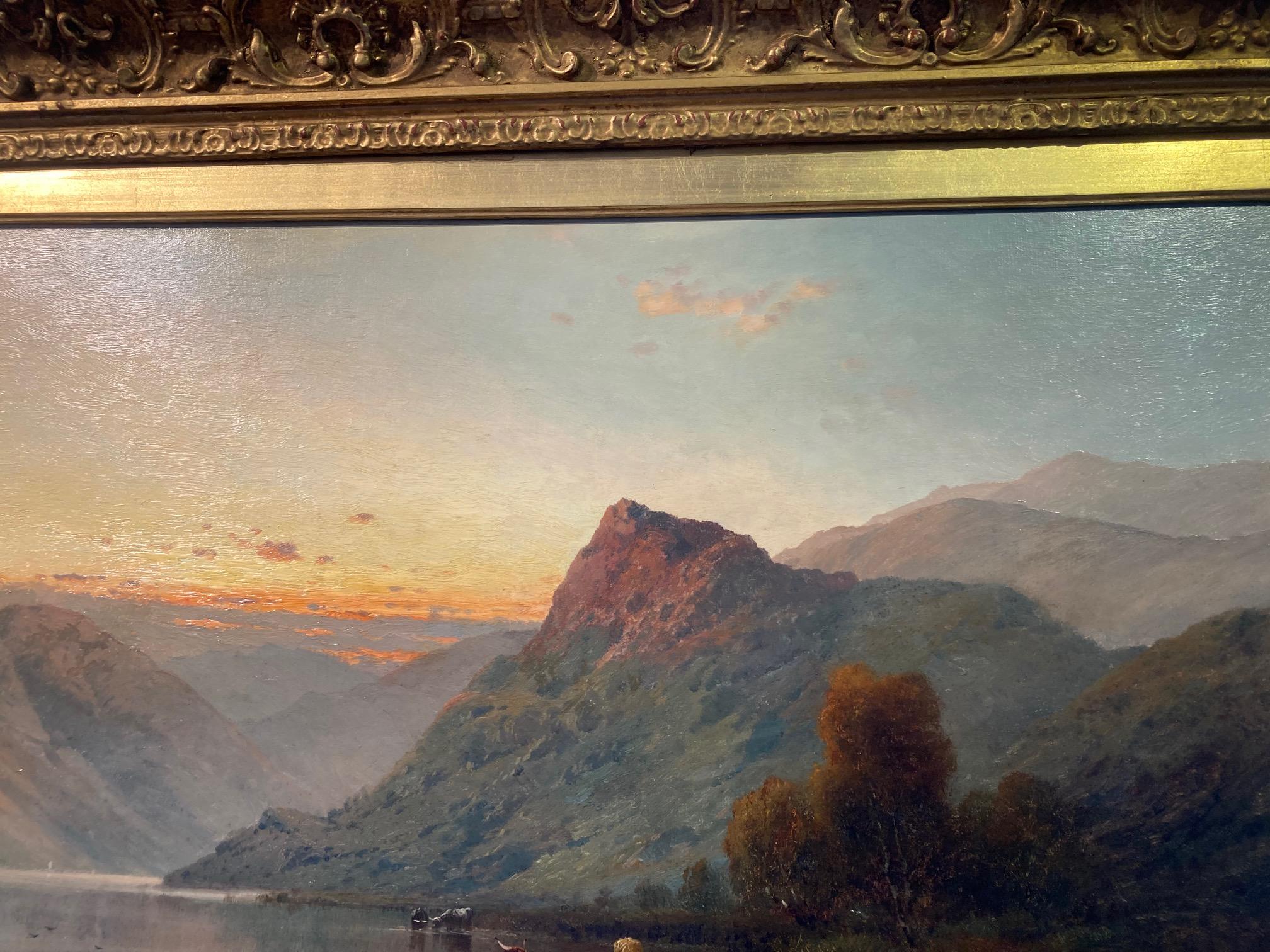 Large Scottish Highland Lakeland Scene with Cattle watering.  Oil on Canvas 20 by 30 inches, Signed and Framed in traditional Gold Frame.

Alfred Fontville de Breanski (1877 to 1945) is the son of Alfred de Breanski (Senior) and every bit as good as