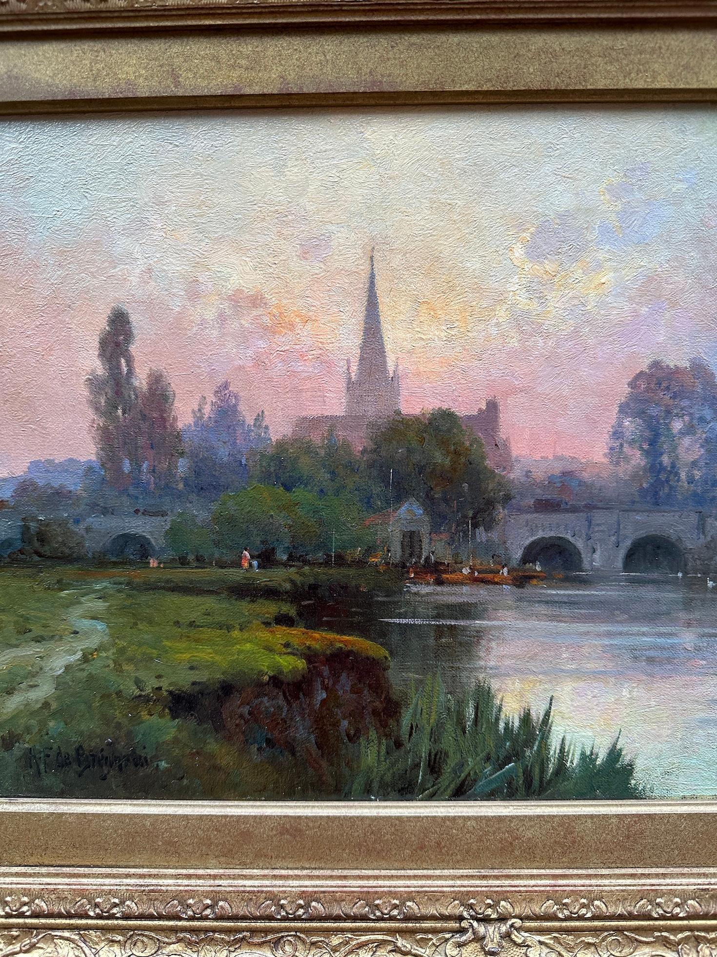 English River landscape, with Church and River at Sunset, Abingdon on the Thames - Painting by Alfred de Breanski Jnr.