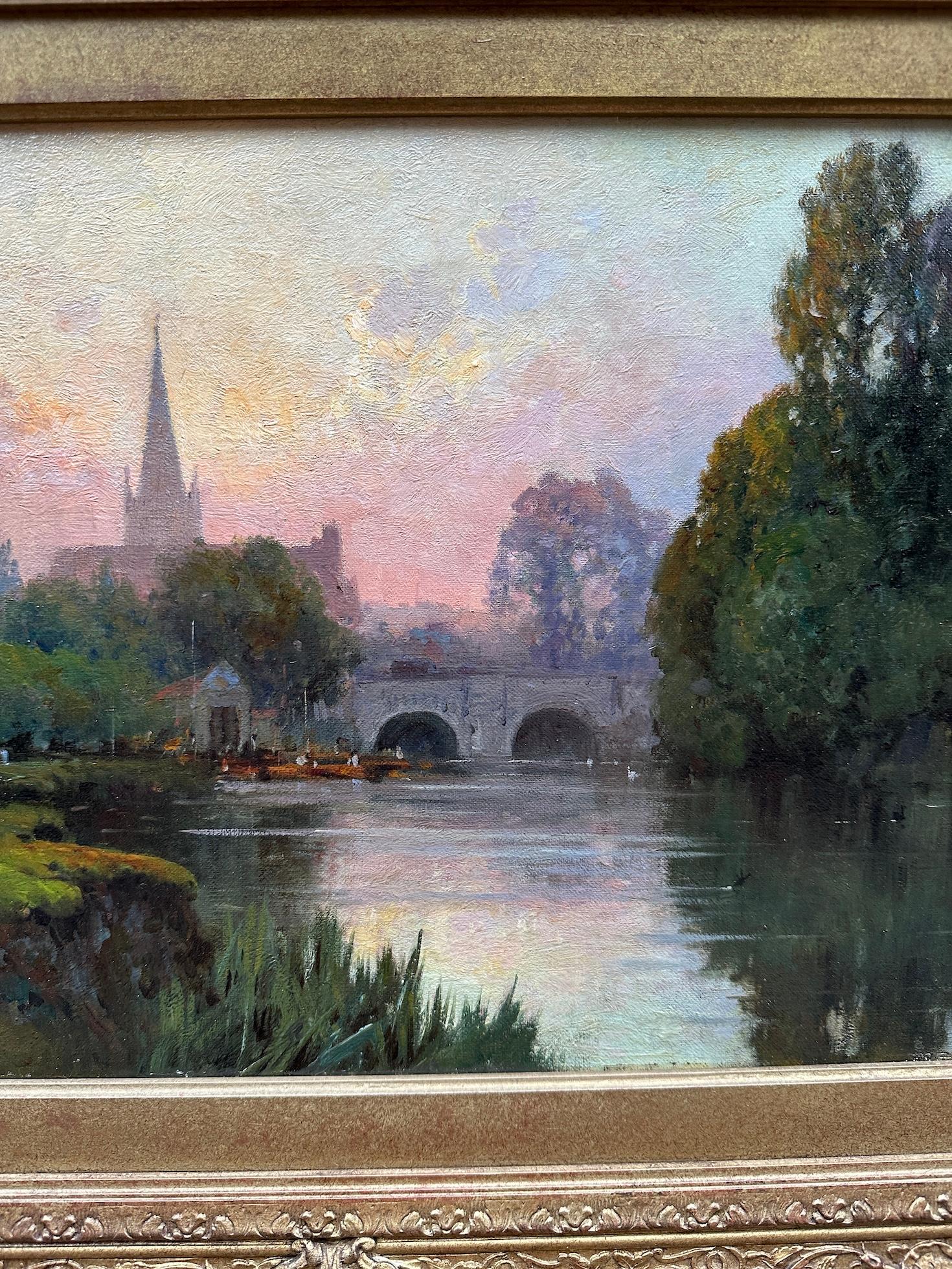 Englische Flusslandschaft mit Kirche und Fluss bei Sonnenuntergang, Abingdon an der Themse (Impressionismus), Painting, von Alfred de Breanski Jnr.