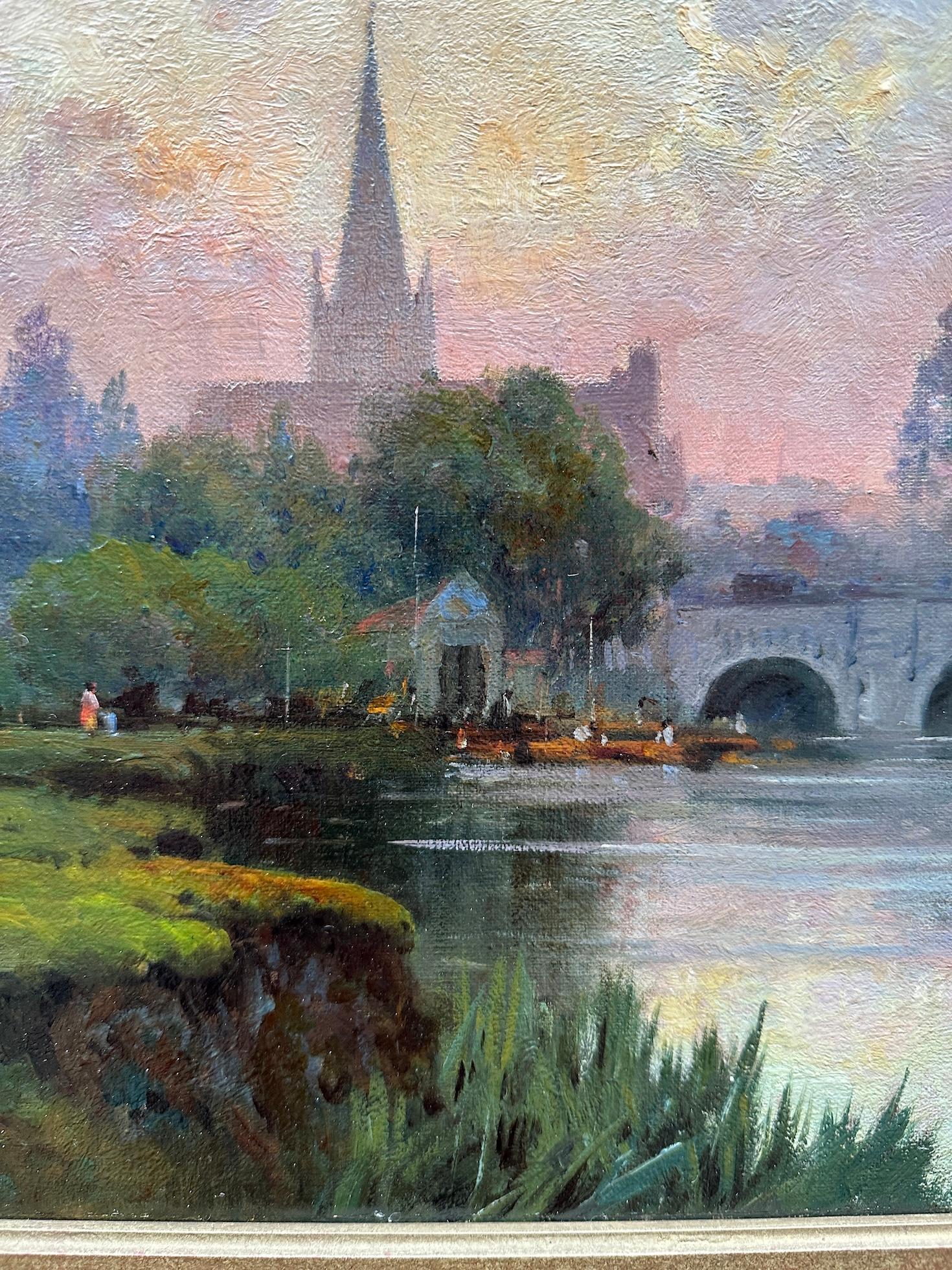Englische Flusslandschaft mit Kirche und Fluss bei Sonnenuntergang, Abingdon an der Themse im Angebot 4