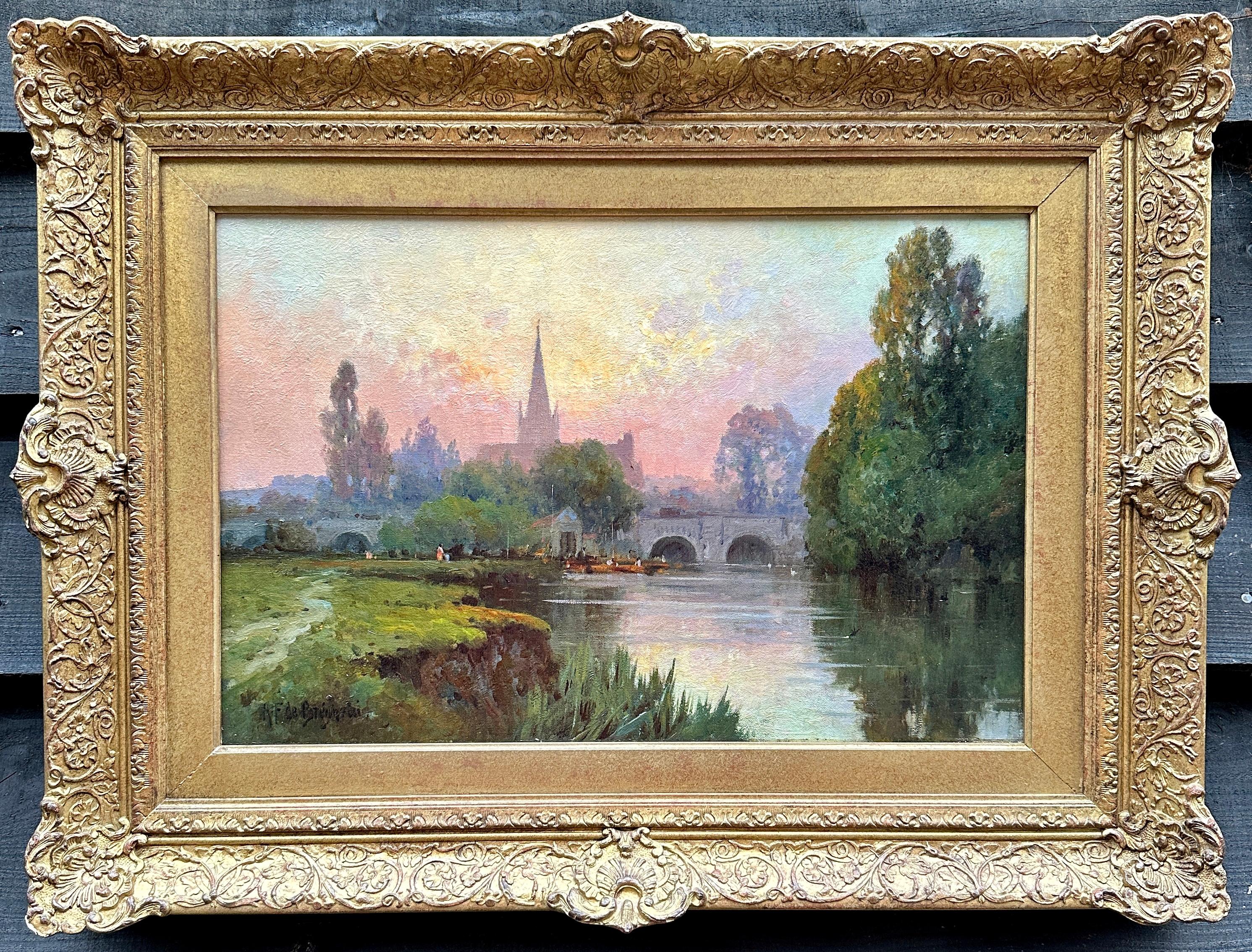 Alfred de Breanski Jnr. Figurative Painting – Englische Flusslandschaft mit Kirche und Fluss bei Sonnenuntergang, Abingdon an der Themse