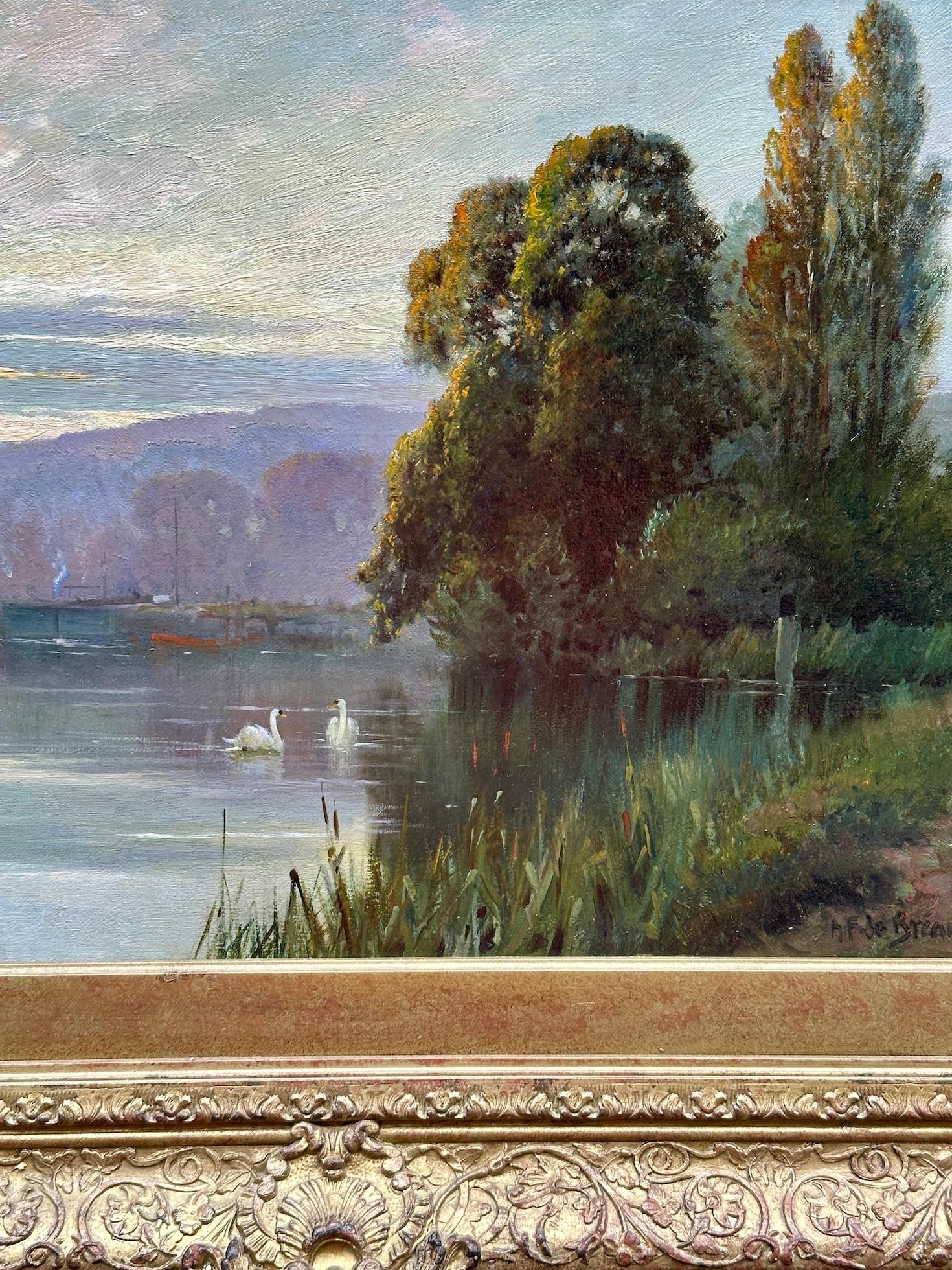 English River landscape, with Swans on the Thames at Temple Lock near London UK - Painting by Alfred de Breanski Jnr.