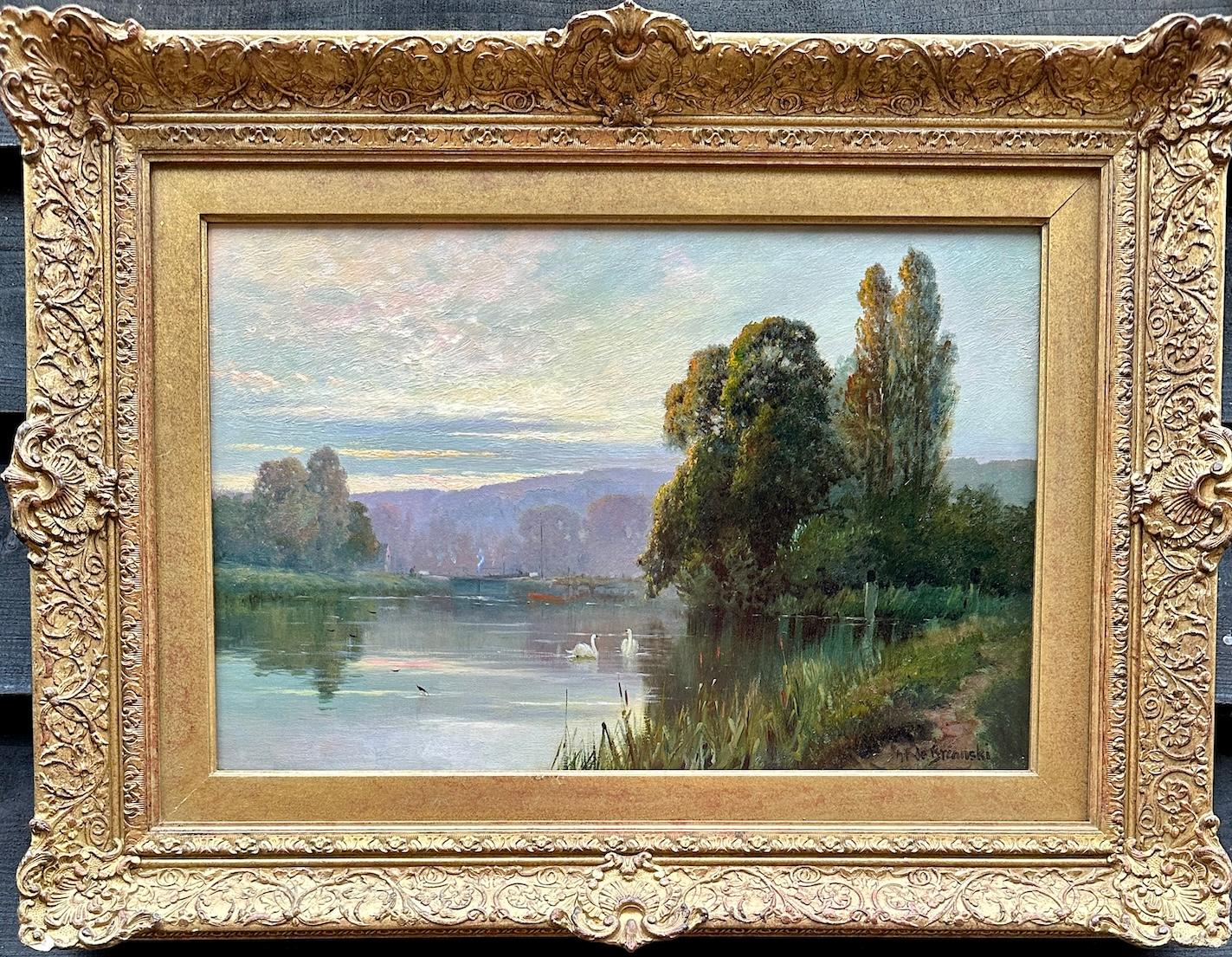 Alfred de Breanski Jnr. Landscape Painting - English River landscape, with Swans on the Thames at Temple Lock near London UK